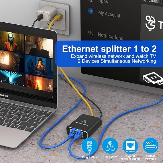 Loydia 1000 Mbps Ethernet Dağıtıcı, LAN Dağıtıcı 1 ila 2 RJ45 LAN Switch 2 Port with Type-C Power Cable, Gigabit Ethernet Splitter LAN Switch for PC, Laptop, Switch, Router, Ağ Soketi, TV Kutusu
