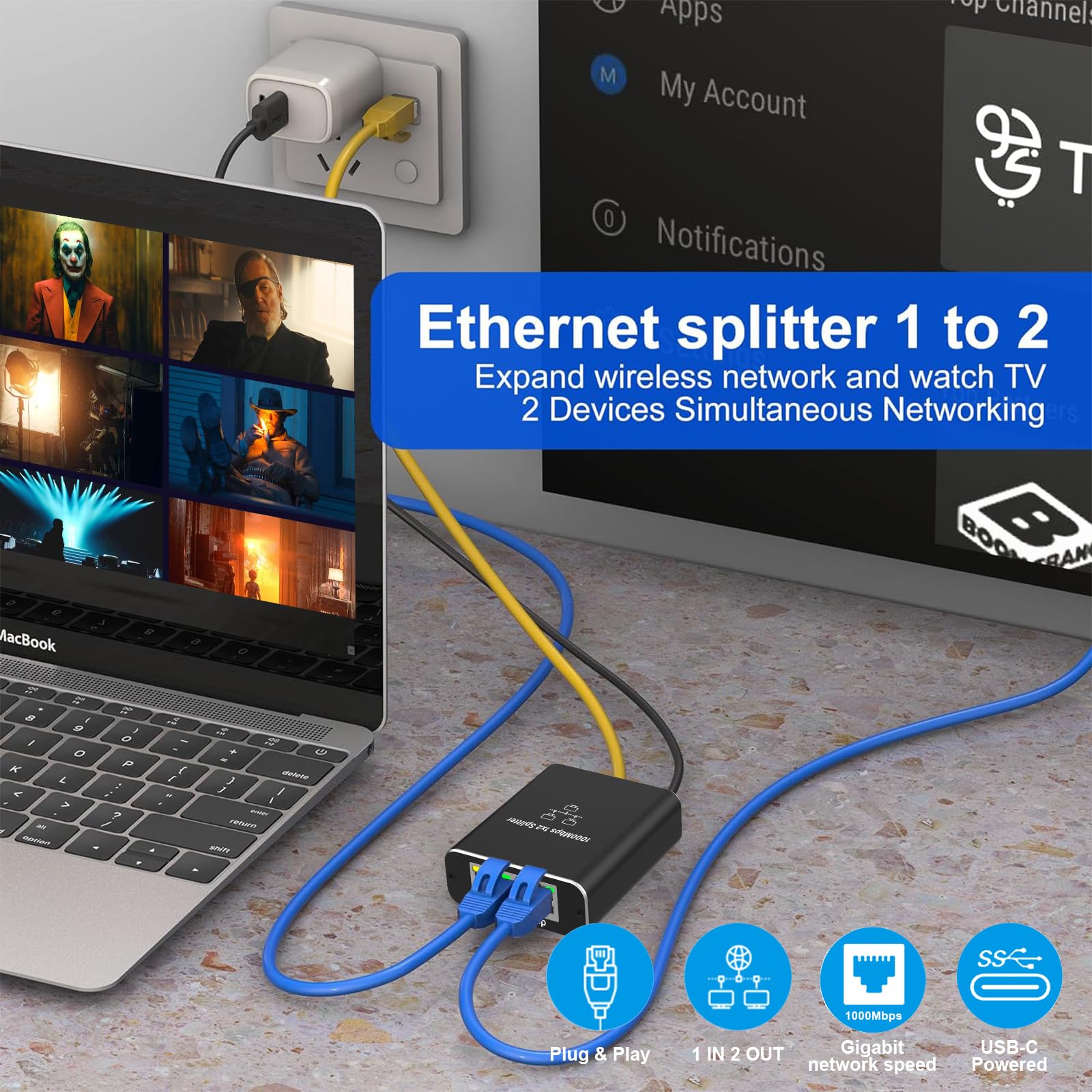 Switch Ethernet 2 Port, RJ45 Splitter 1000 Mbps, Gigabit Switch Ethernet RJ45 1 à 2 LAN Splitter pour Ordinateur, Hub, Commutateur, Routeur, Décodeur, Télévision Numérique, sans POE