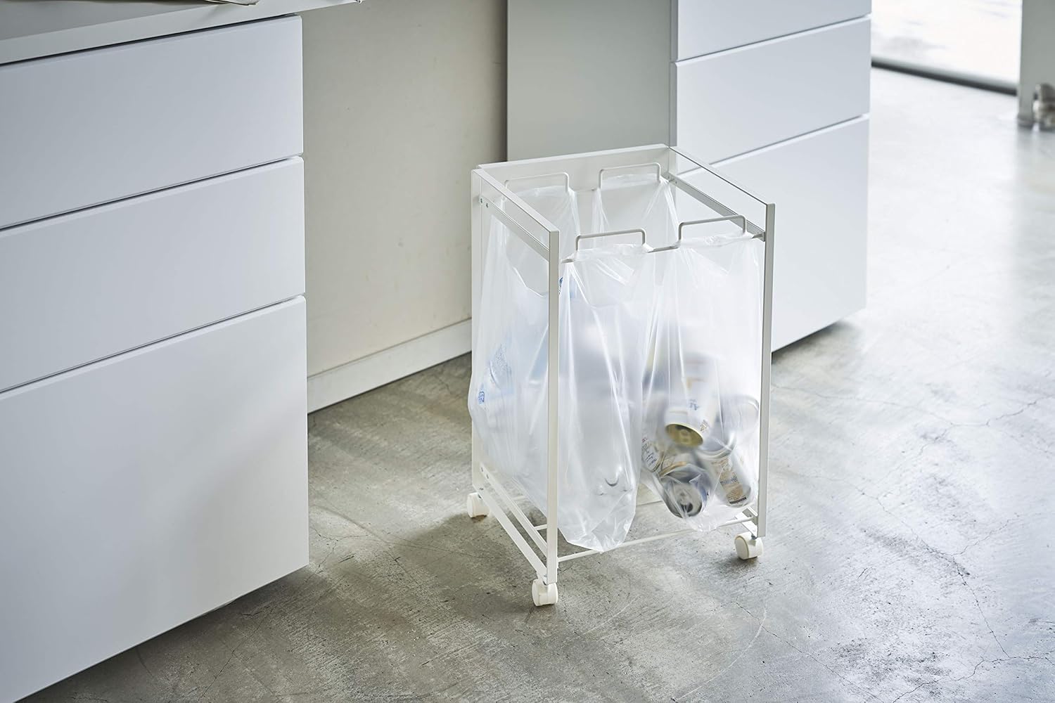 Yamazaki Home Concealed Rolling Sorter-Garbage Storage Basket On Wheels | Steel | Trash Can-Kitchen, One Size, White