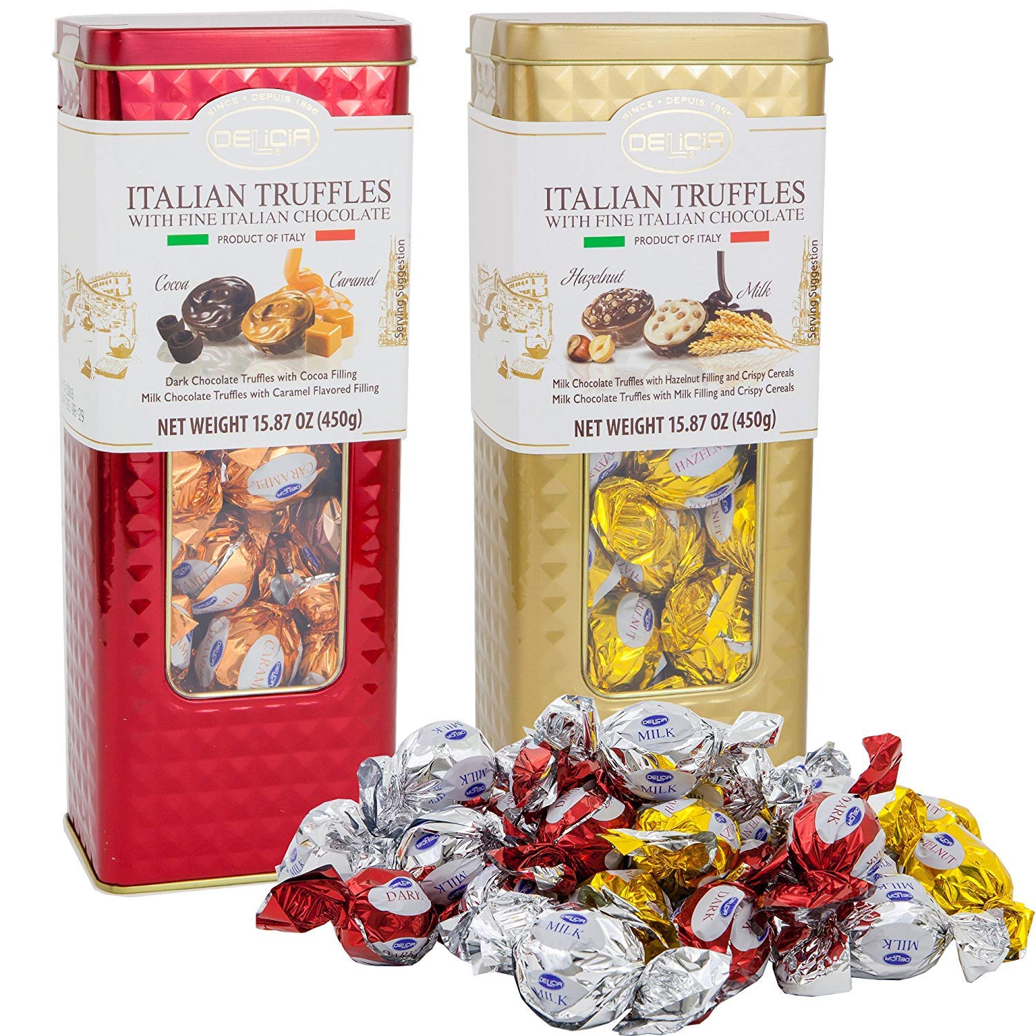 Fine Italian Truffles Milk Chocolate Candies Gift Set Tin 2 Pack (Cocoa/Caramel, Hazelnut/Milk), 15.87oz Each Tin