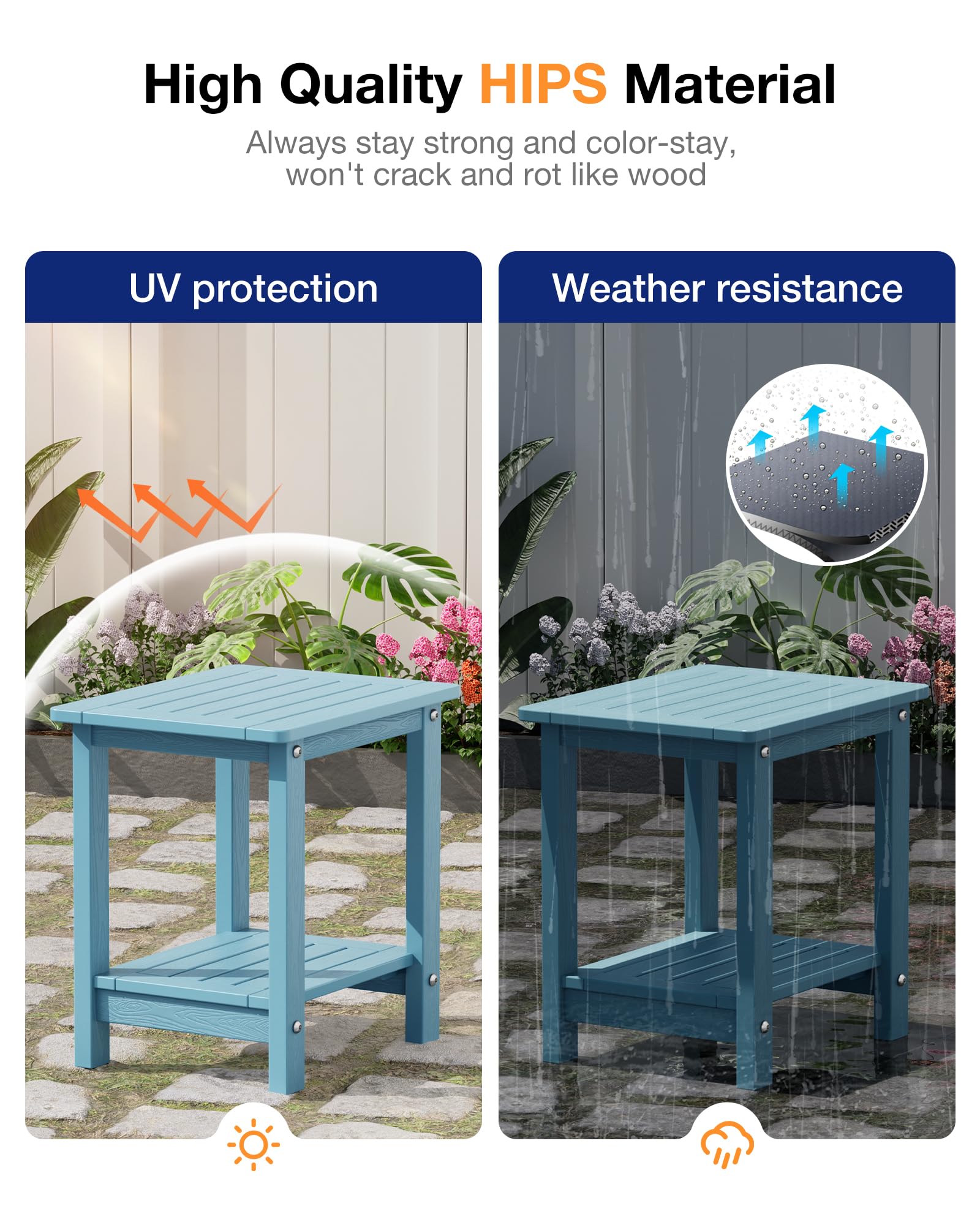 YEFU Stolik pomocniczy Adirondack, 2-poziomowy, kwadratowy stolik z tworzywa sztucznego, stolik pomocniczy na zewnątrz, patio, odporny na każdą pogodę, wodoodporny, do wnętrz, basenu, werandy, ogrodu,