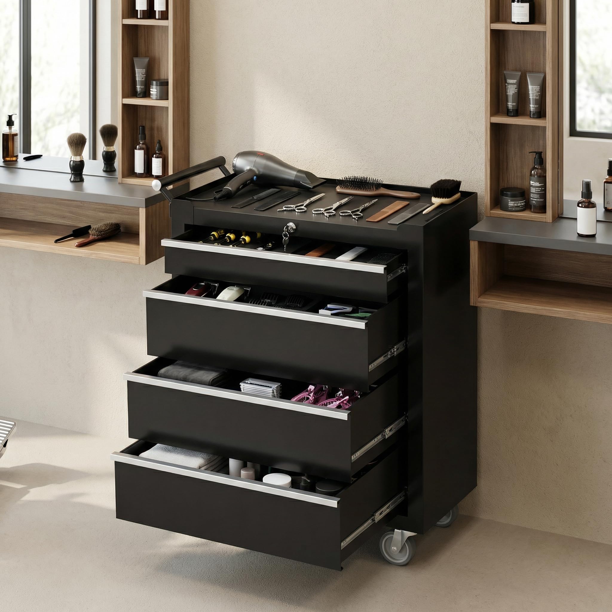 garvee rolling tool chest, 4 drawers tool storage cabinet, toolbox with wheels, portable tool cabinet organizer with locking system & drawer liners, tool storage cart for garage, workshop, black