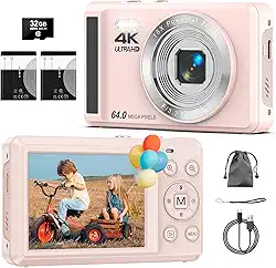 Câmera Digital 4K 64MP com Foco Automático,Fotográfica para Vlog, Zoom, Tela 2.8 Polegadas，fotografia, Cartão SD de 32GB, 2 Baterias, Câmera Compacta，para Adolescentes e Iniciantes, Flash(rosa)