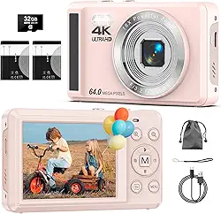 Câmera Digital 4K 64MP com Foco Automático,Fotográfica para Vlog, Zoom, Tela 2.8 Polegadas，fotografia, Cartão SD de 32GB, 2 Baterias, Câmera Compacta，para Adolescentes e Iniciantes, Flash(rosa)
