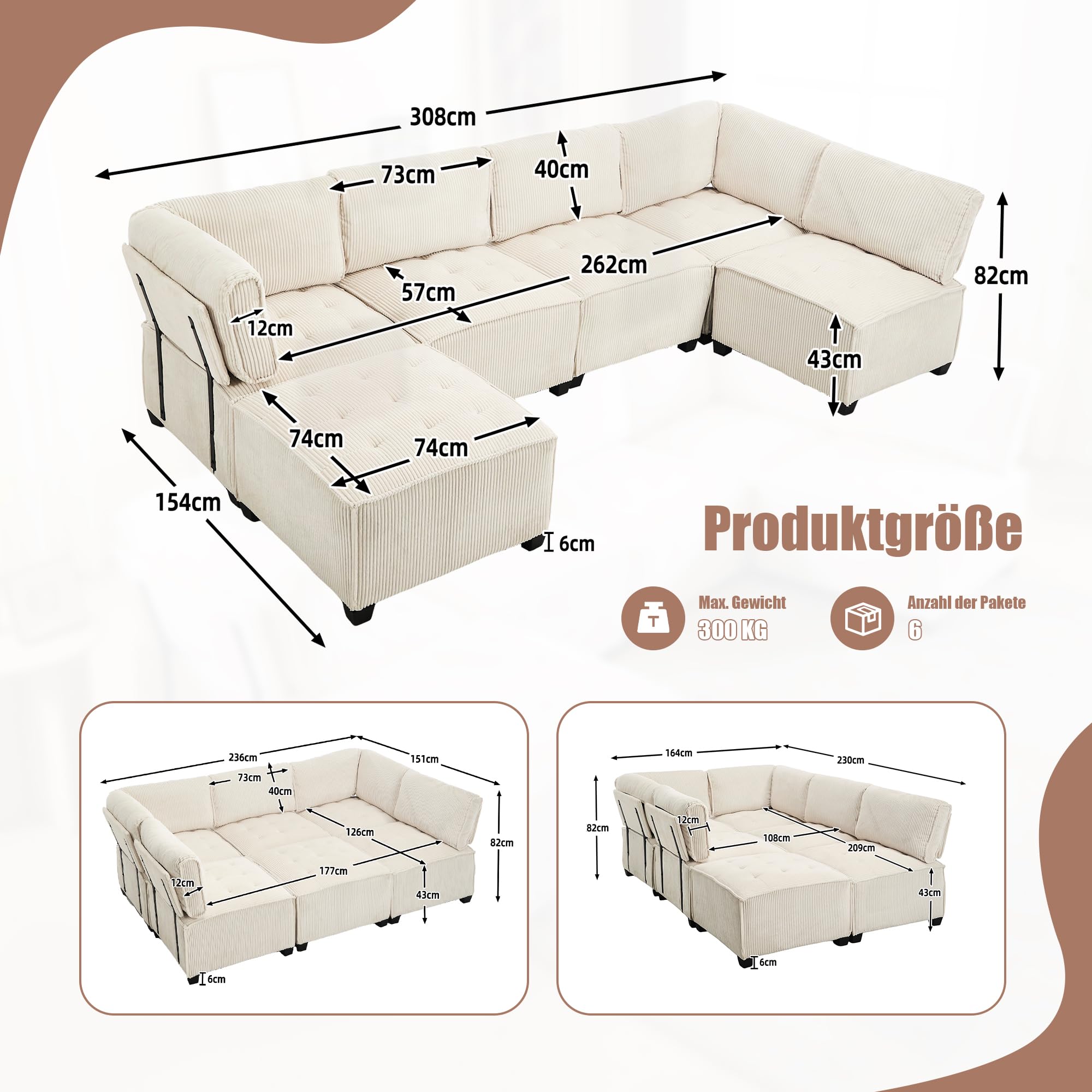 Sofá modular de 6 plazas con funda de pana, respaldo ergonómico y reposabrazos, multifuncional, combinable como forma de U, forma de L o sofá cama, con bolsillos laterales, rebote rápido (beige)