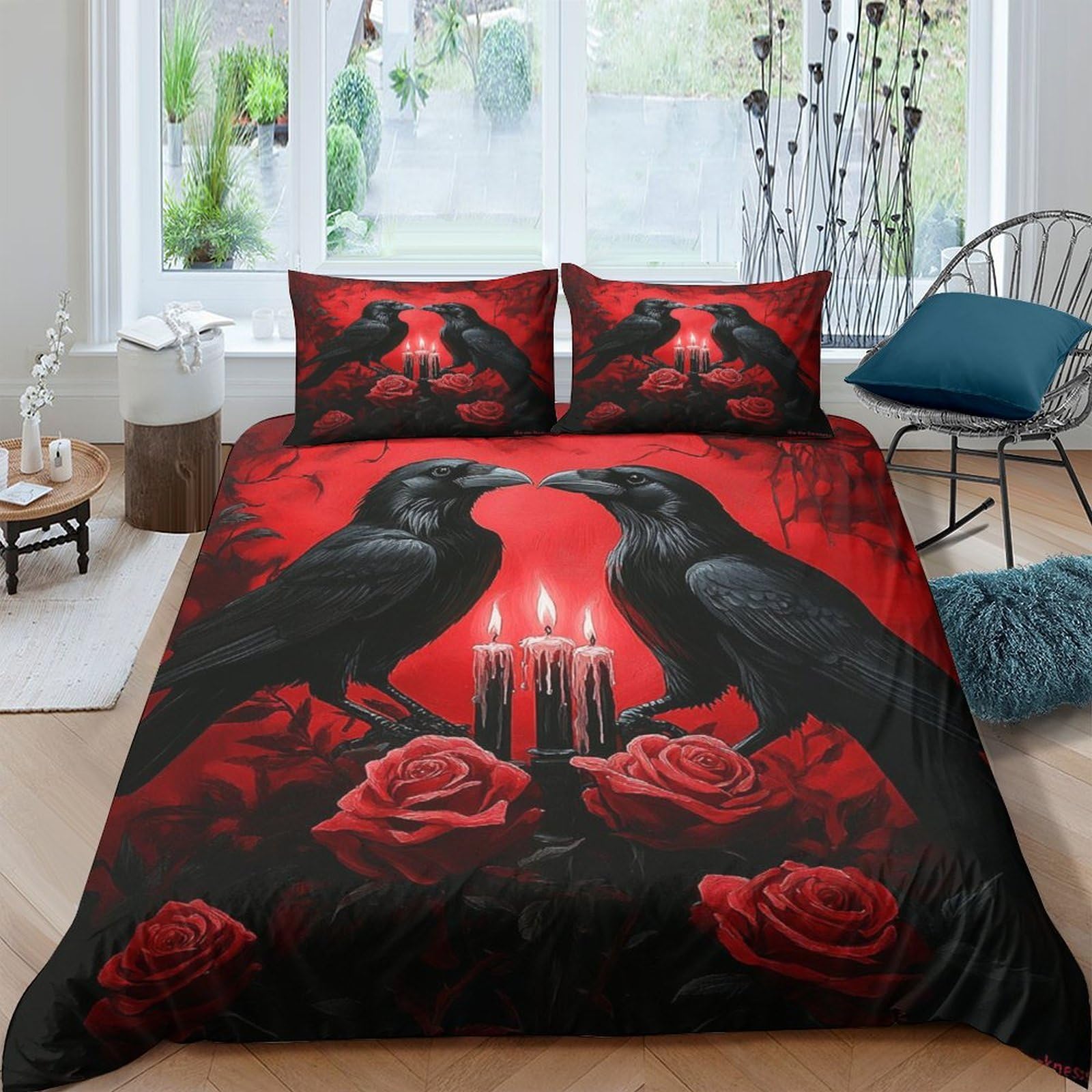 Ctjqhvkz Style-2 3D Printed Gothic Raven Fitted Sheet Microfiber Red Rose Candle Mattress Cover Bedroom Decor Anti-Slip Washable Single（135X200cm）