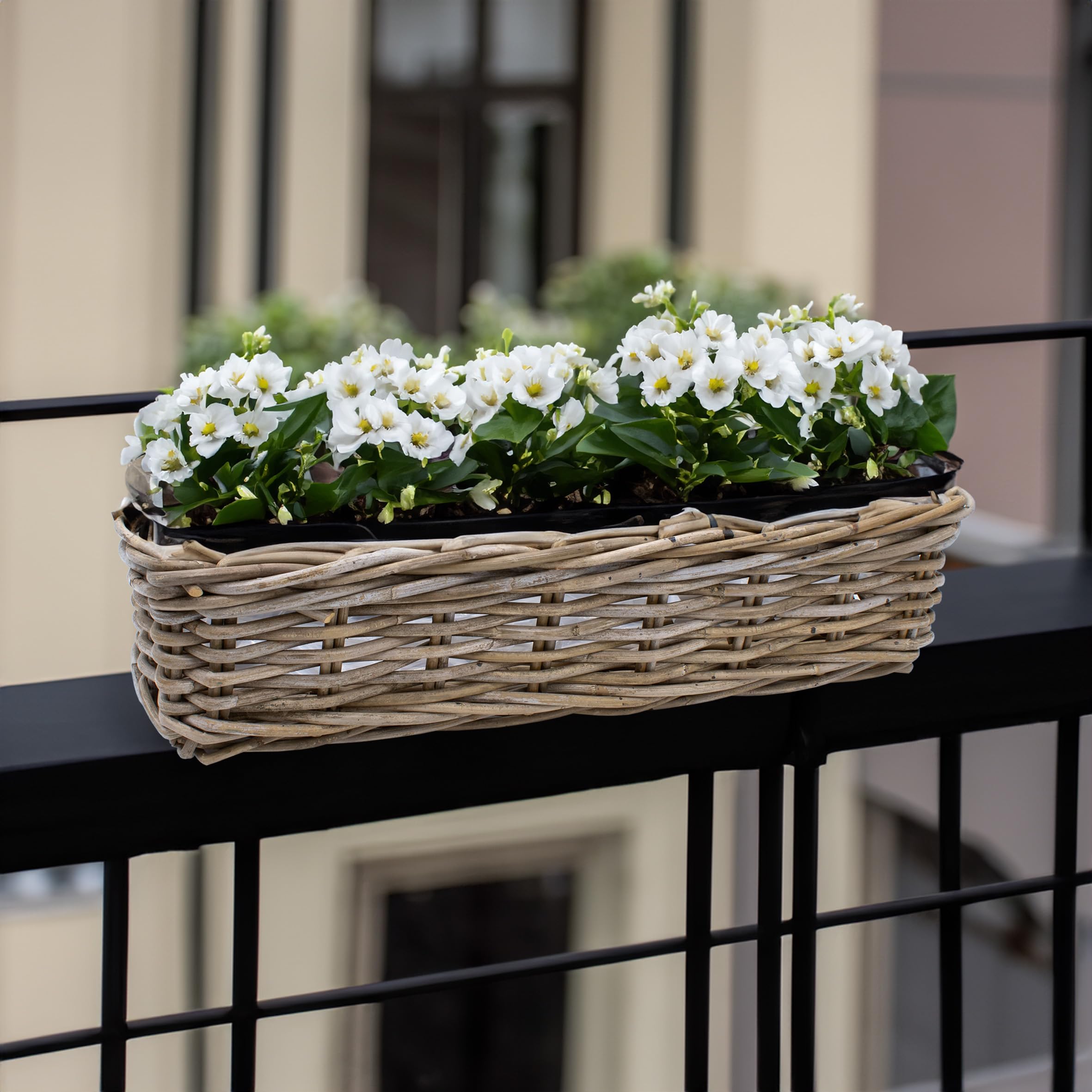 Spetebo Lot de 2 jardinières de balcon en rotin naturel 60 x 20 cm - Panier à plantes en osier avec support pour balcon et jardin