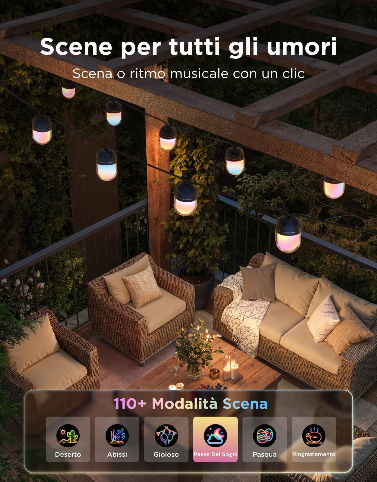 Govee Catena Luminosa Esterna 10M, RGBICW 240lm per LED, App Controllo,IP67 | 16M Colori DIY, 111+ Modalità Scena, Sync Musica, Matter/Alexa/Google, 30000h, Install. Facile, Giardino/Balcone/Terrazza