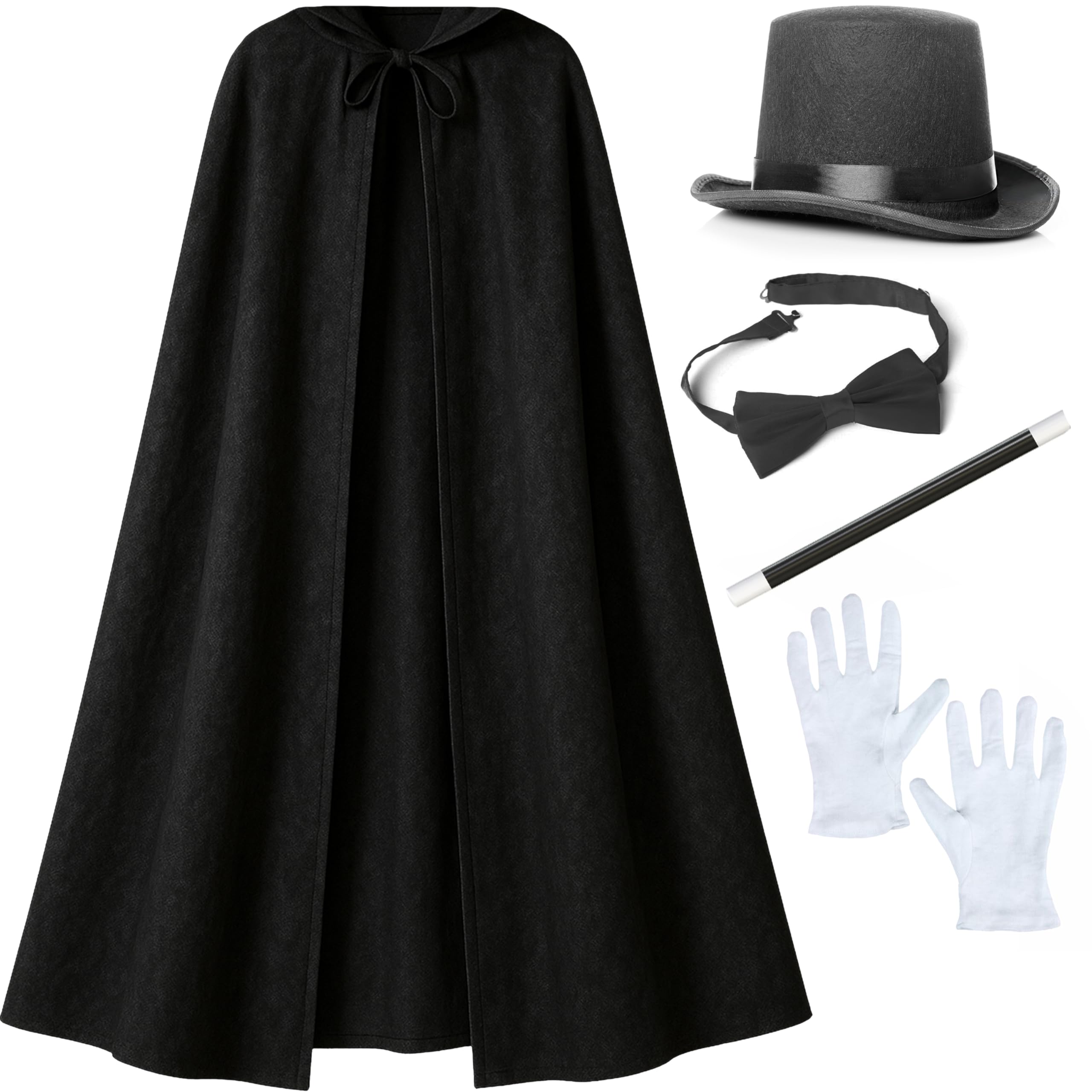 Mega_Jumble Adult Magician Fancy Dress Costume Accessory Set - Black Top Hat, Cape, Bowtie, Gloves and Magic Wand, Book Week Theme Party Magician Wizard Outfits