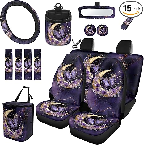 Butterfly Car Seat Cover Full Set Steering Wheel Cover Moon Seat Belt Covers Trash Bag Purple Air Vent Holder Rear View Mirror Cover Cup Coasters Key Chain 15 PCS Auto Accessory