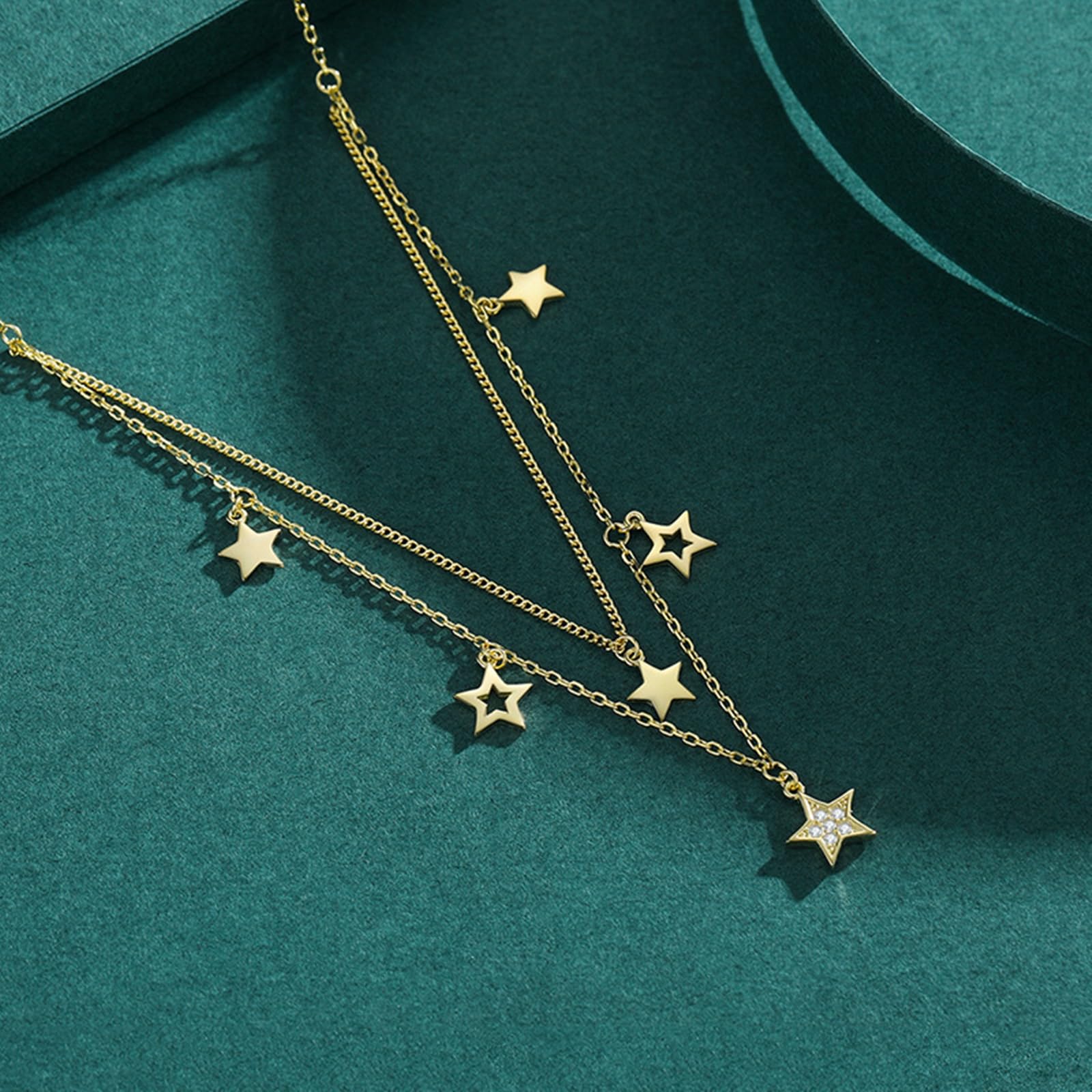 Collares de estrella de 2 capas para mujer, cadena de oro amarillo de 9 quilates, 14 quilates, 18 quilates con moissanita, collar de estrella de cable alargado para mujer, 40 + 5 cm