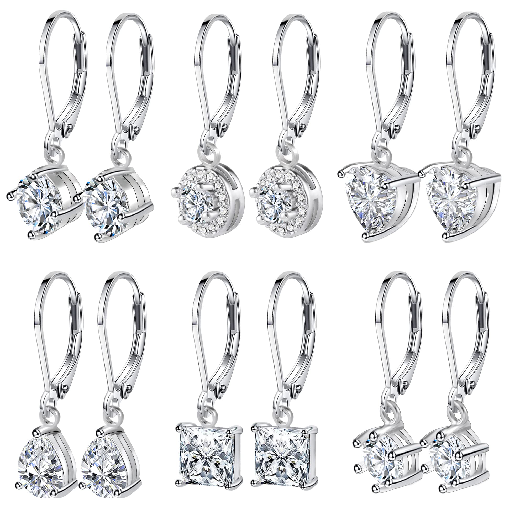 6 Pairs Cubic Zirconia Earrings Dangle for Women Leverback Drop Earrings Hypoallergenic Silver Dangling Earing Set