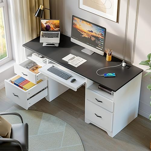 Miniatura 7 de Bestier Escritorio para computadora de 59 pulgadas con 4 cajones, escritorio de oficina con almacenamiento, escritorio ejecutivo moderno con