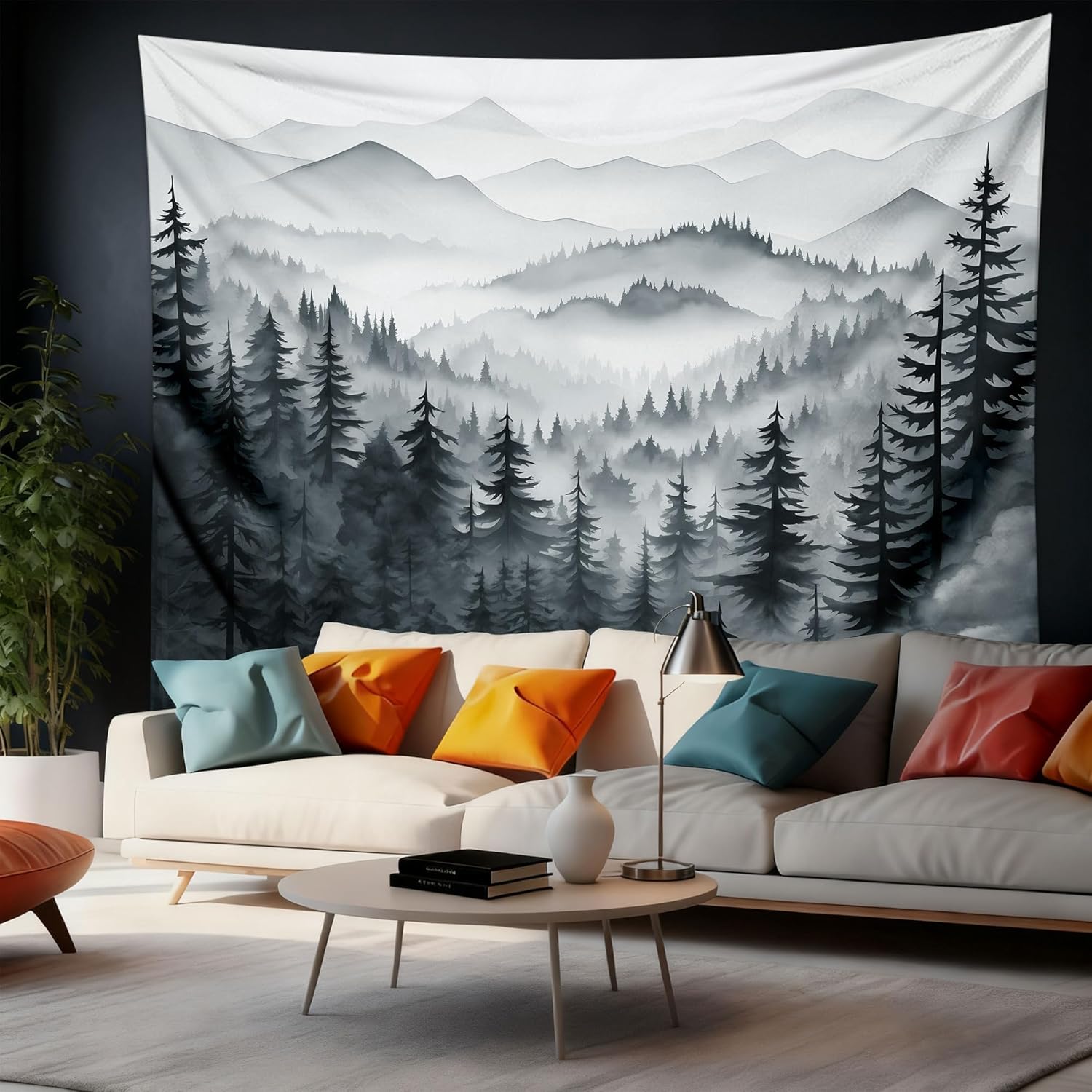 QGHOT Misty Forest Tapestry, Nature Mountain Tapestry Wall Hanging Black and White Grey Cool Landscape Wall Art for Mens Bedroom Living Room Decor 78.7L x 104W