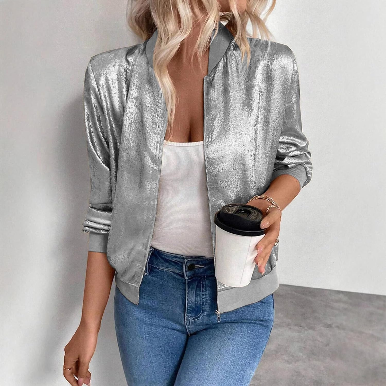 Yeshire Womens Lightweight Zip Up Jacket Cropped Bomber Jackets Shiny Casual Outerwear Windbreaker