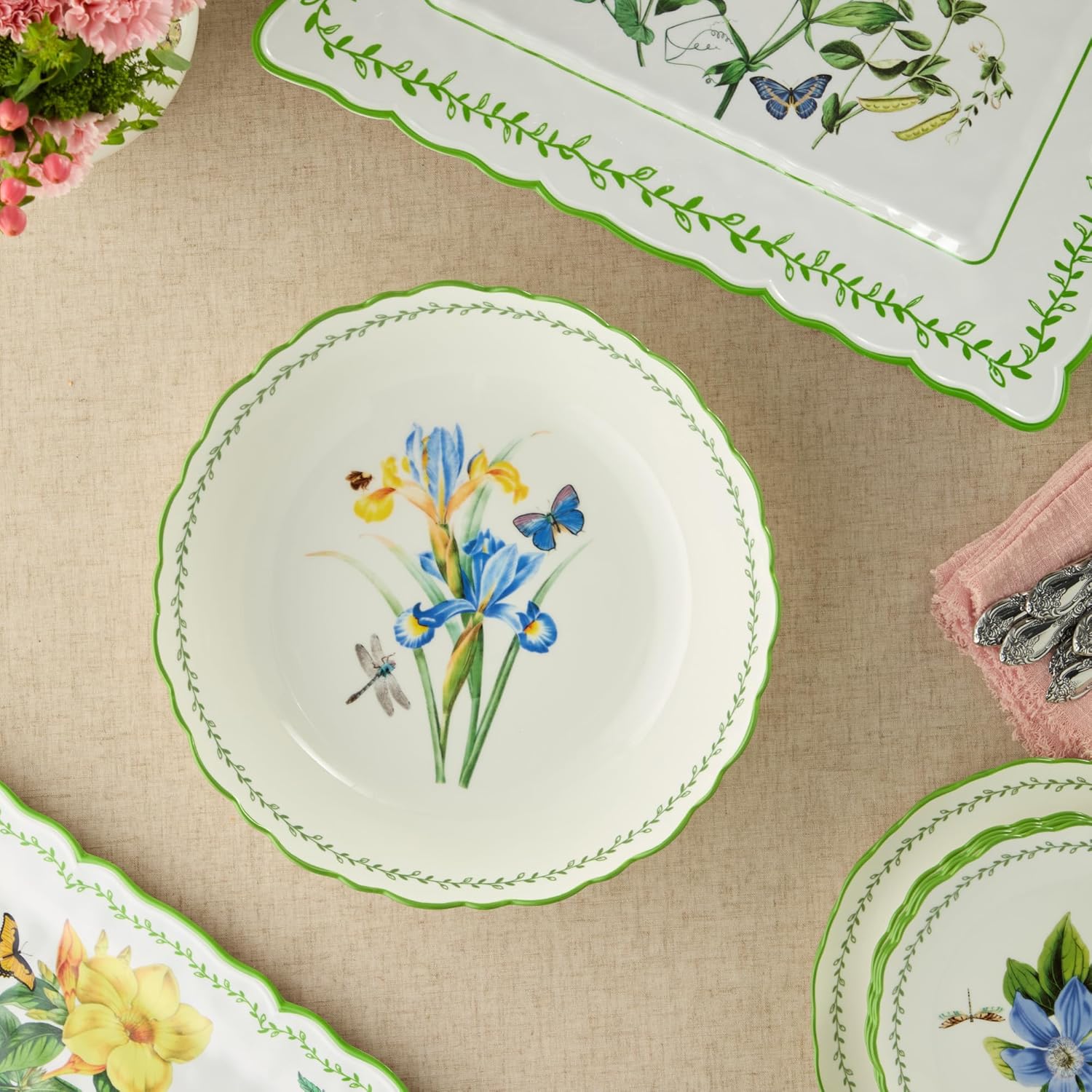 Mirabella Porcelain 13-Inch SERVING BOWL, elegant lightweight floral bowl with butterflies and scalloped trim, perfect for salads, pasta, fruit, vegetables, entertaining and coordinated table styling