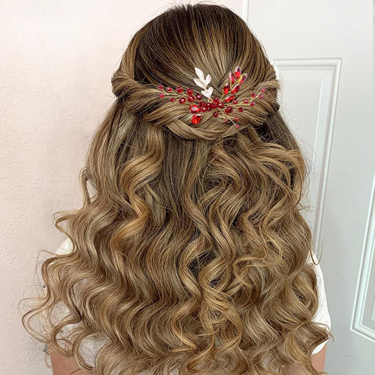 BETITETO Crystal Bridal Hair Comb Wedding Gold Vine Leaf Rhinestone Hair Piece Accessories for Women Girls (Red) - Image 8
