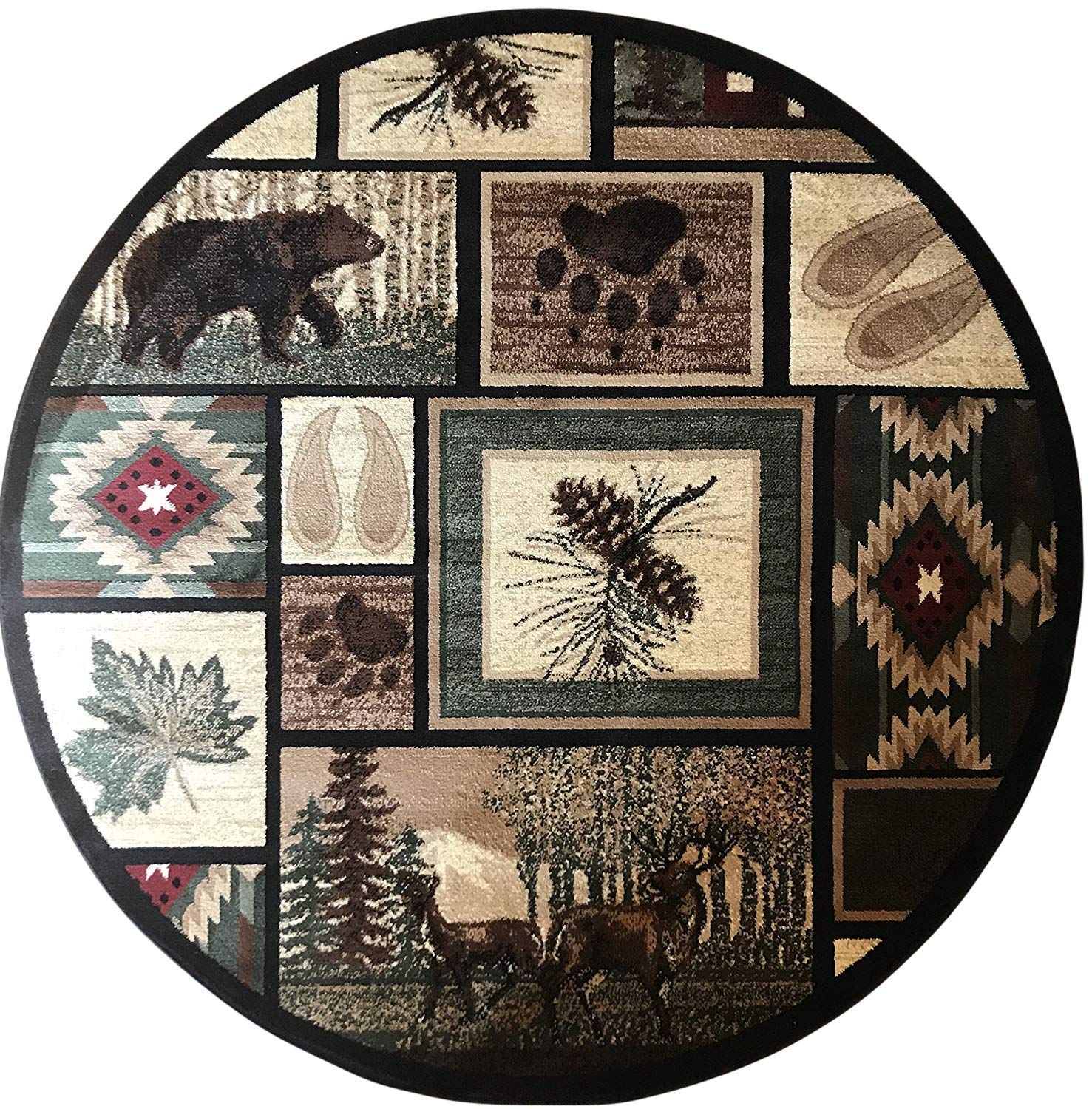 Carpet King Cabin Style Round Area Rug Rustic Western Country Bear Elk Deer Bear Wildlife Lodge Native Design