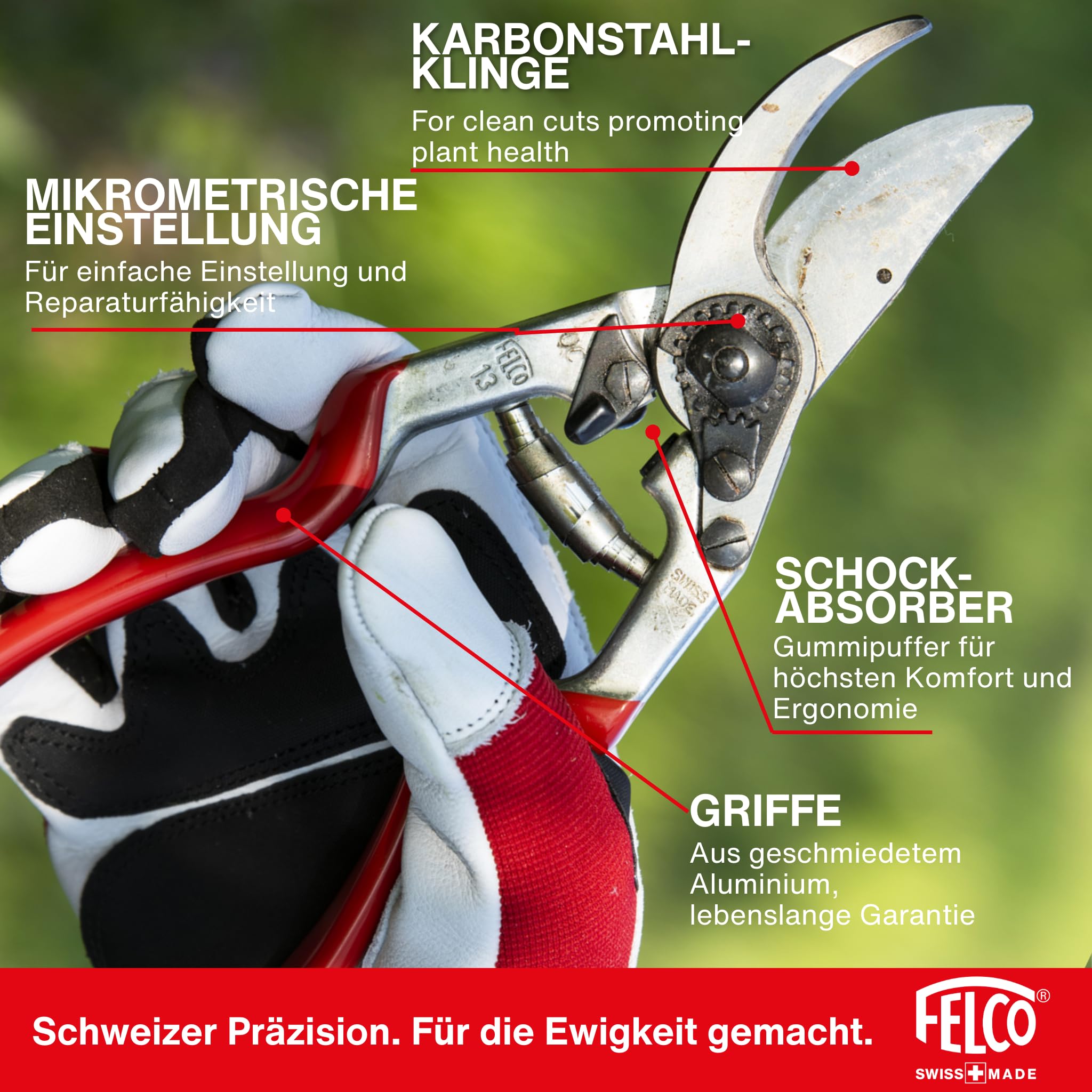 FELCO 13 Bypass-Gartenschere für Rechtshänder, große Hände, 55 mm Klinge, Schnitt bis 30 mm, verlängerter Griff für beidhändige Nutzung, ergonomisch, Swiss Made