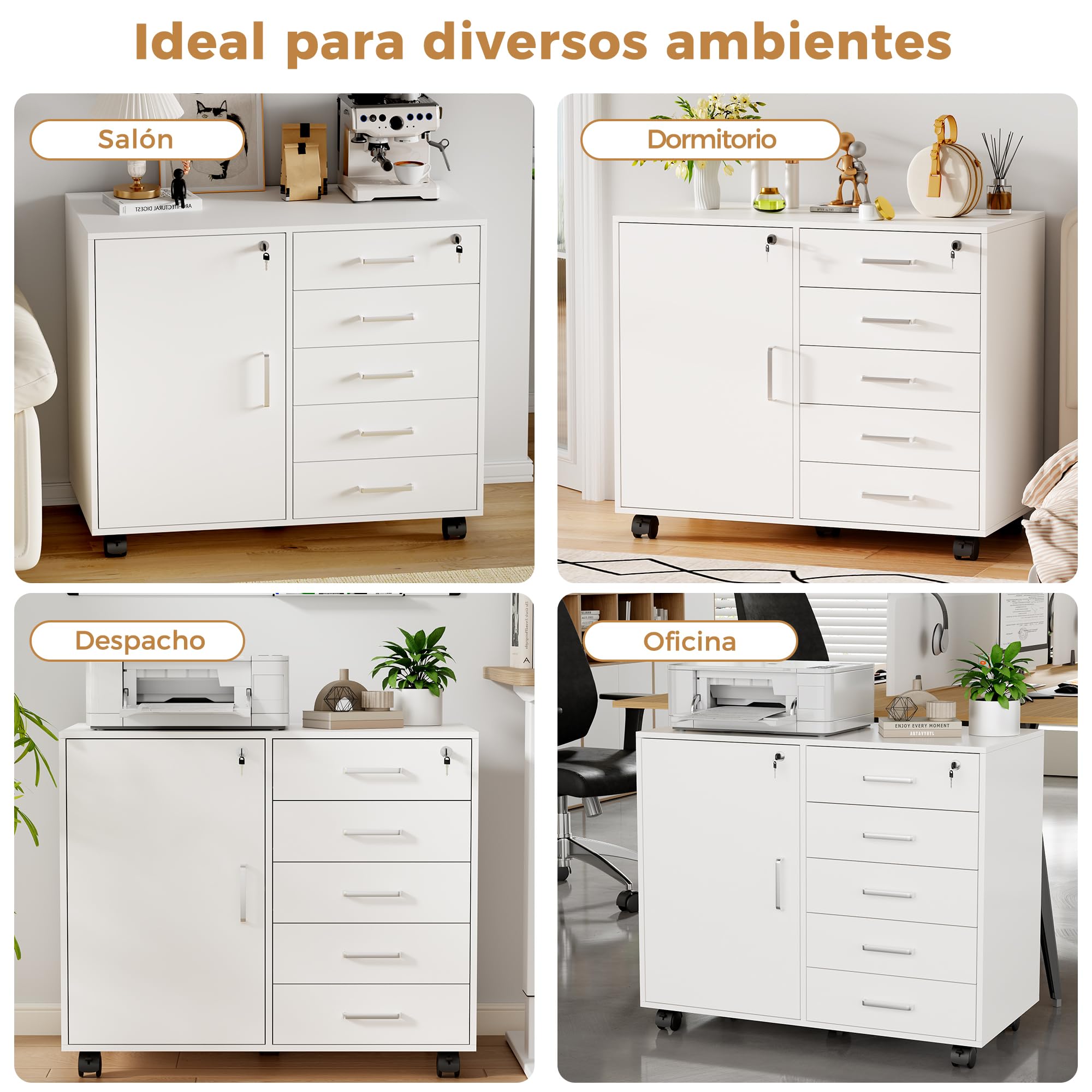 BEWISHOME Archivador MóViles con 5 Cajones Y Cerradura, Moderno Archivador MóVil con Cerradura, Cajonera Oficina, Adecuado para Oficinas Y Estudios, 78 X 40 X 65.5cm, Blanco EBWG01W