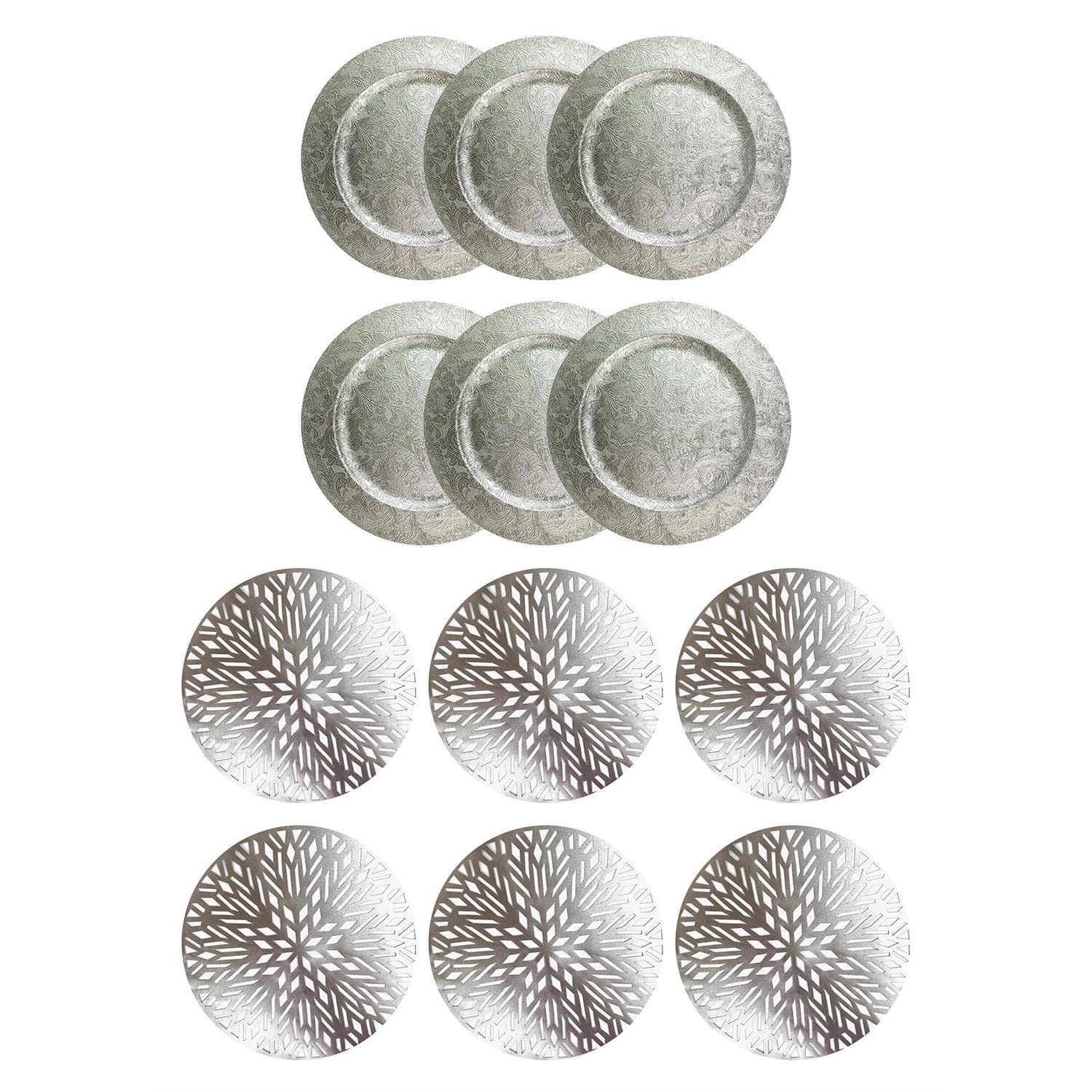 Yöl Silver Set Of 6 Placemats And 6 Embossed Charger Plates - Christmas Table Décor Round Festive Xmas Re-Usable