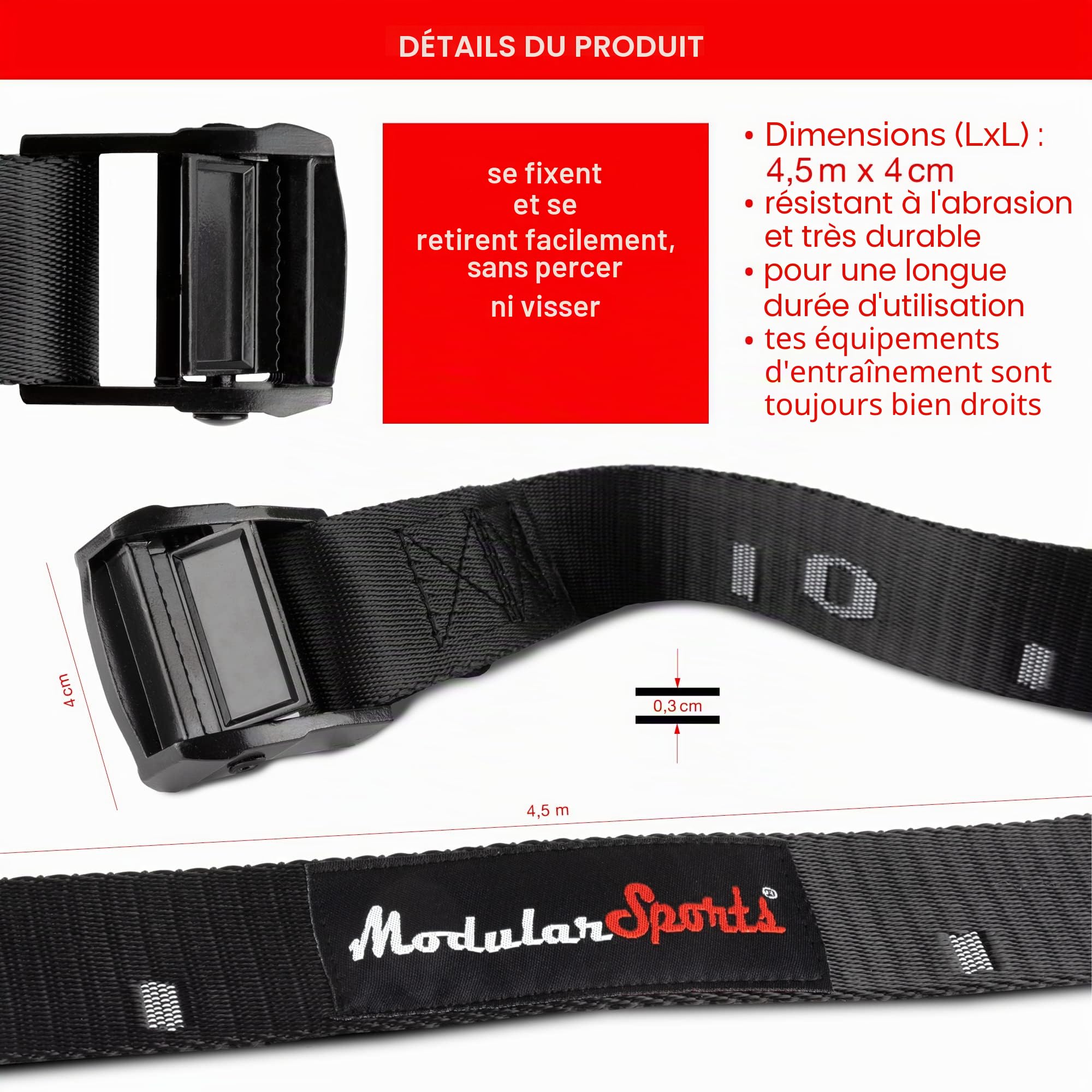Lot de 2 sangles en nylon de 4,5 m - Accessoire de fitness - Largeur : 4 cm - Avec œillet - Pour anneaux de gymnastique, barres ou autres appareils d'entraînement