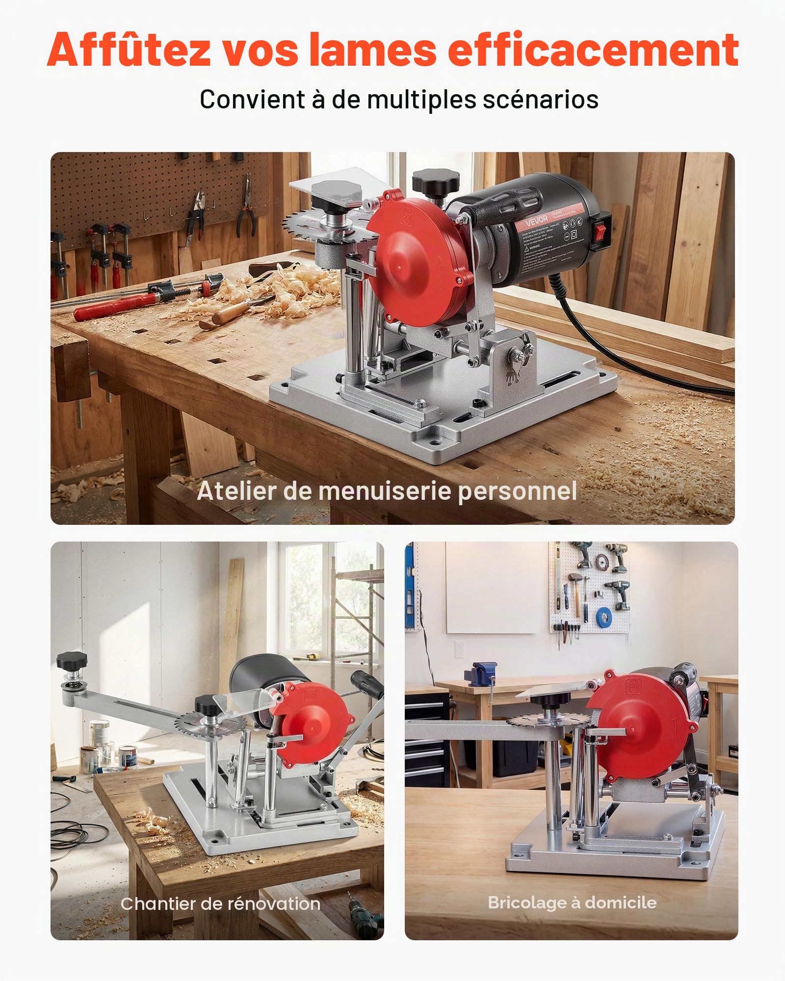 VEVOR Affûteuse de Lame de Scie Circulaire 140 W Machine à Affûter Lames de Scie Circulaire Électrique 90-400 mm pour Affûtage Angle Inclinable 5700 tr/min avec Meule Céramique et Diamantée 100 mm