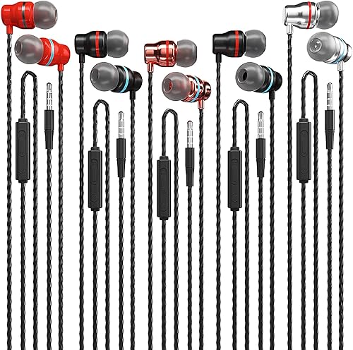 Auriculares con cable con micrófono, paquete de 5, auriculares intrauditivos con estéreo de graves pesados, auriculares con cable con aislamiento de