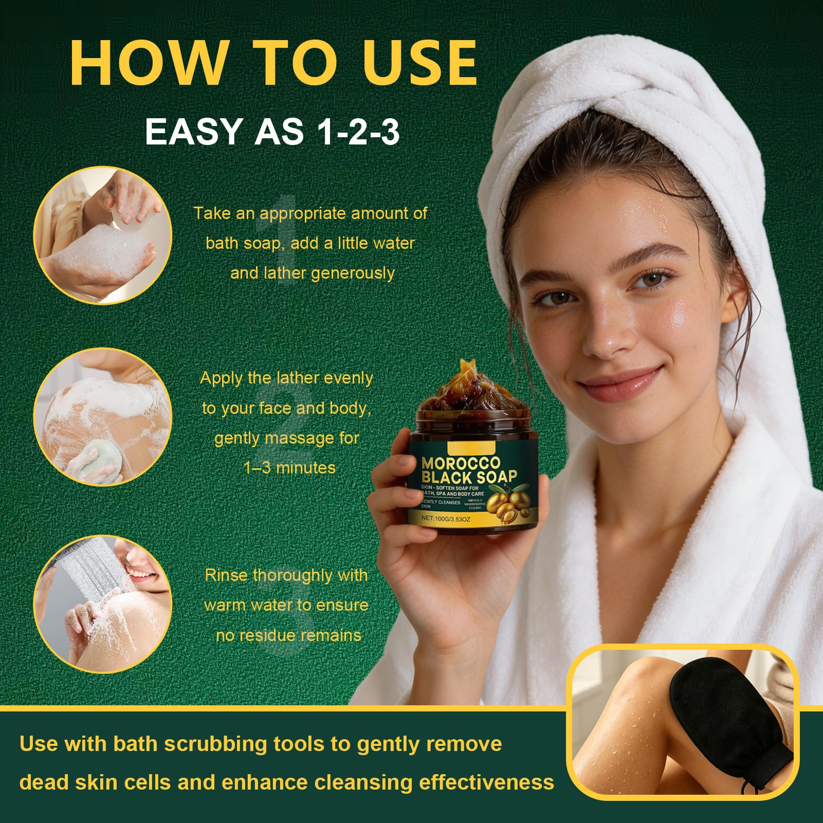 Maroko czarne mydło Morocco Black Soap z rękawiczkami do peelingu, czarne mydło z oliwkami i różą, maroko, peeling do ciała, Bio Morocco Black Soap, nawilżające mydło, czarne dla miękkiej skóry