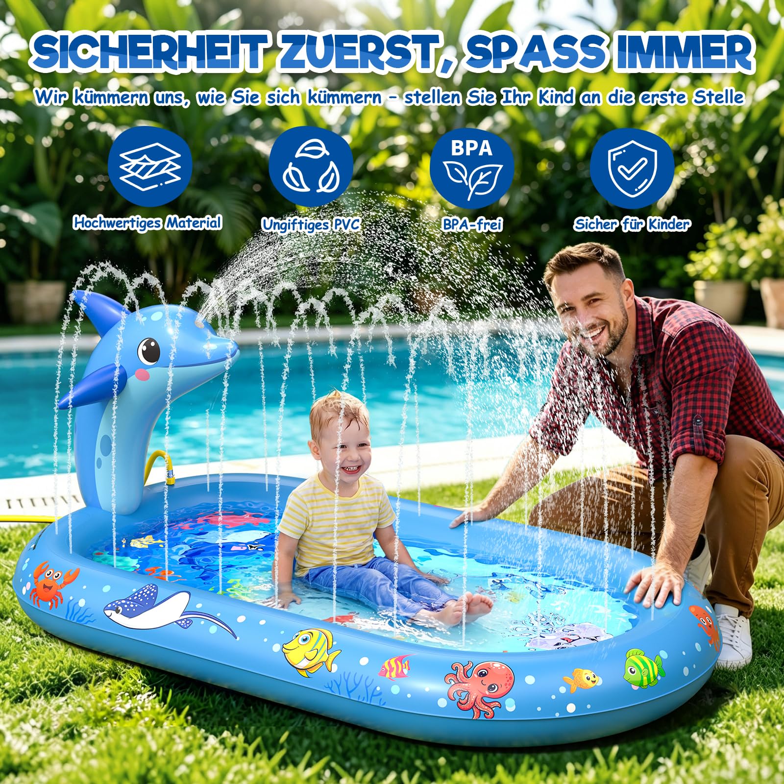 Planschbecken für Kinder, 3 in 1 Delfin Kinderpool, Planschbecken Baby, Watermatte für Kind, Verdicktes Material mit Wasserschlauch, Sommer Garten Wasserspielzeug für Jungen und Mädchen ab 1 Jahr
