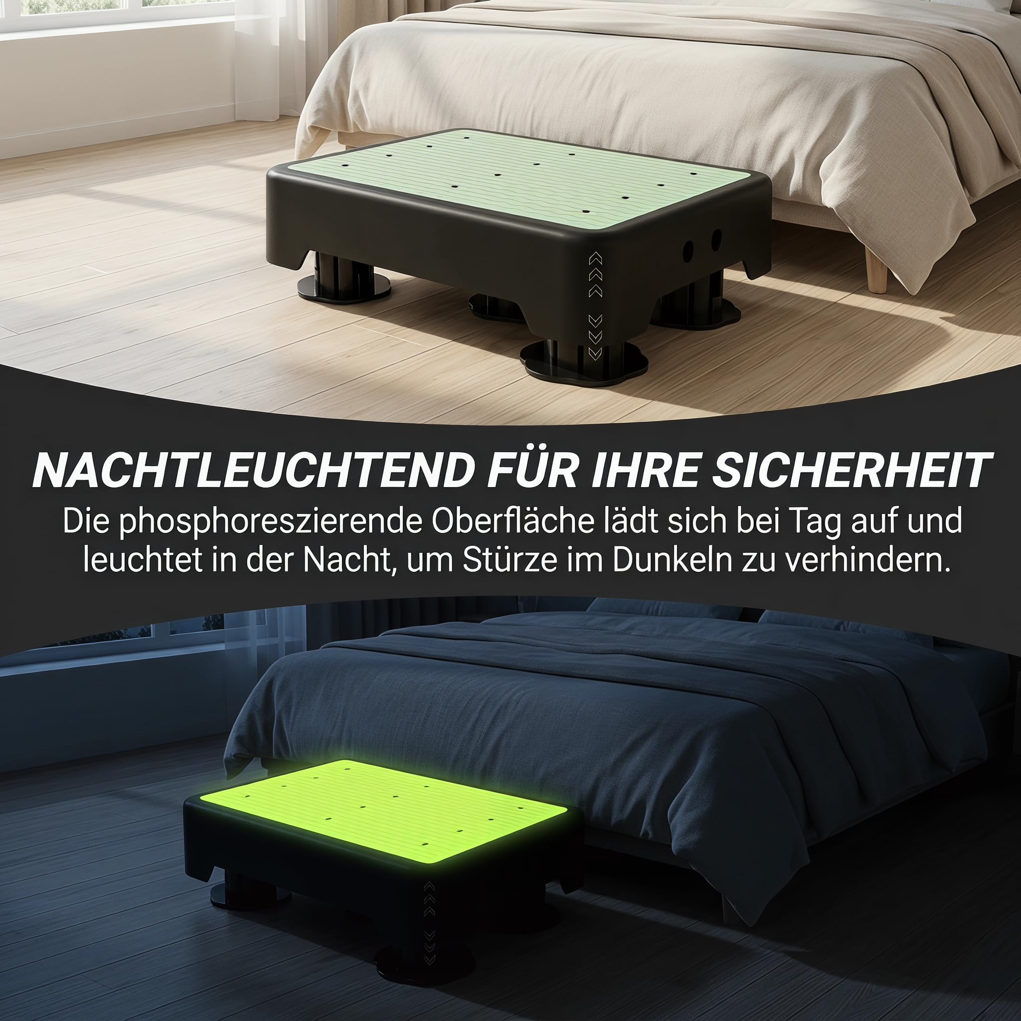 rutschfest Halbstufe 3-Stufig Höhenverstellbar, Nachleuchtende Trittstufe für Senioren & Kinder, Tragbare Tritthocker Bis 250 kg, Step Hocker für Bad, Wohnwagen (Fluoreszierendes Grün)