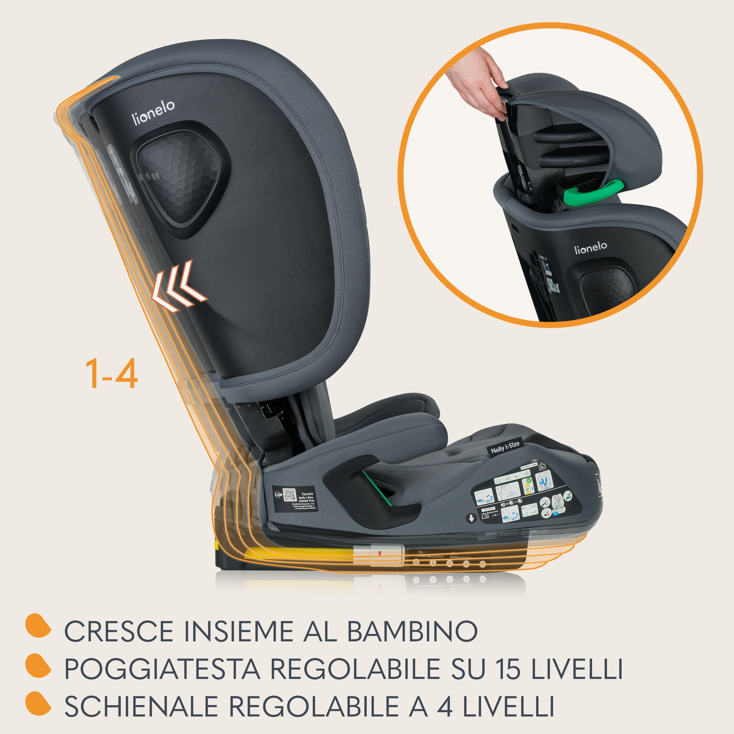 LIONELO Seggiolino Auto NELLY I-SIZE Pieghevole per Bambini 76-150 cm,15 mesi - 12 anni, Gruppo 123 Installazione in avanti con ISOFIX e Cinghia, Protezione Laterale, Regolazione