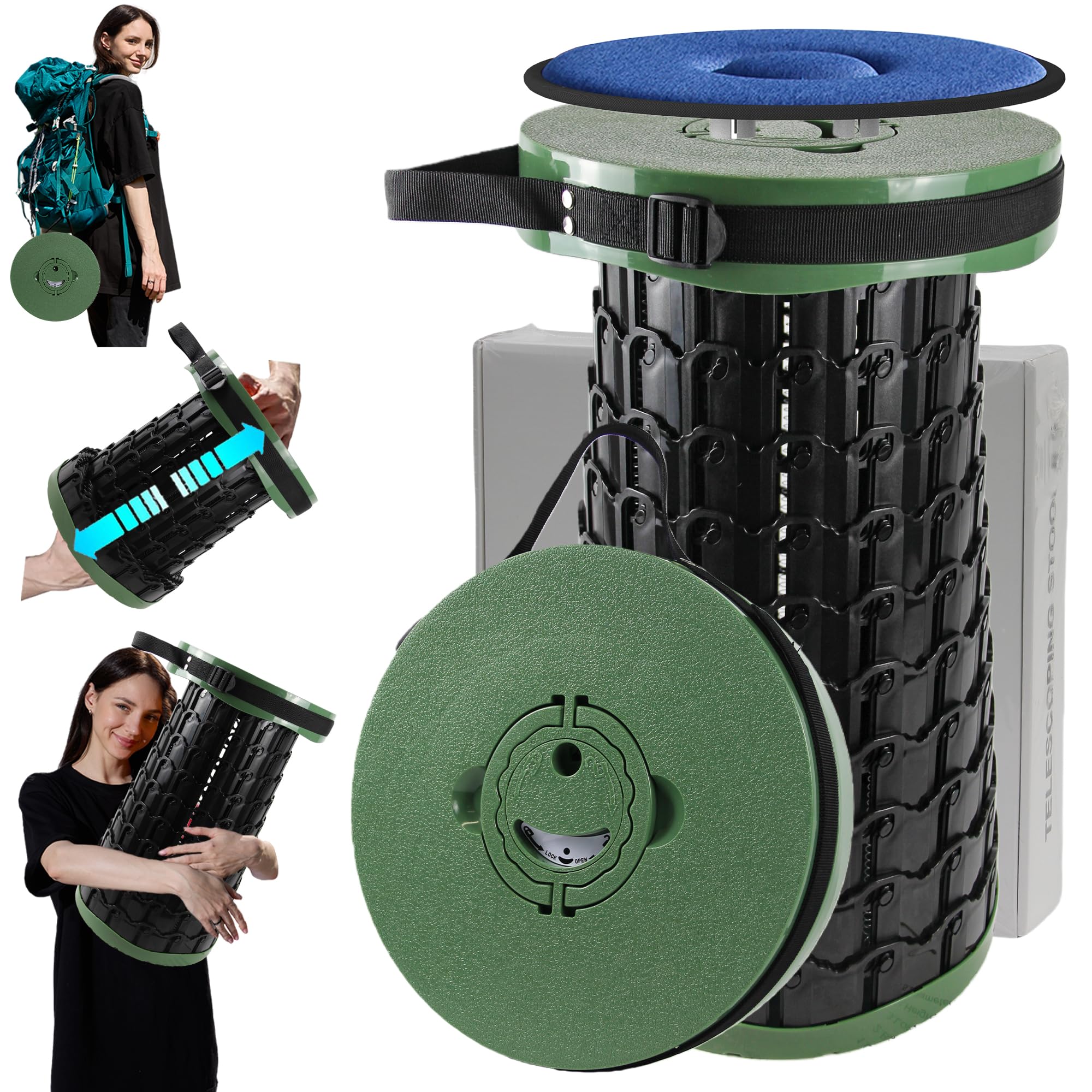 ALEVMOOM Upgraded Thicker Folding Stool Telescopic Stool with Cushion, Folding Retractable Stool for Adults for Outdoor Camping and Fishing, Height 50cm, Max Load 450kg — image 1