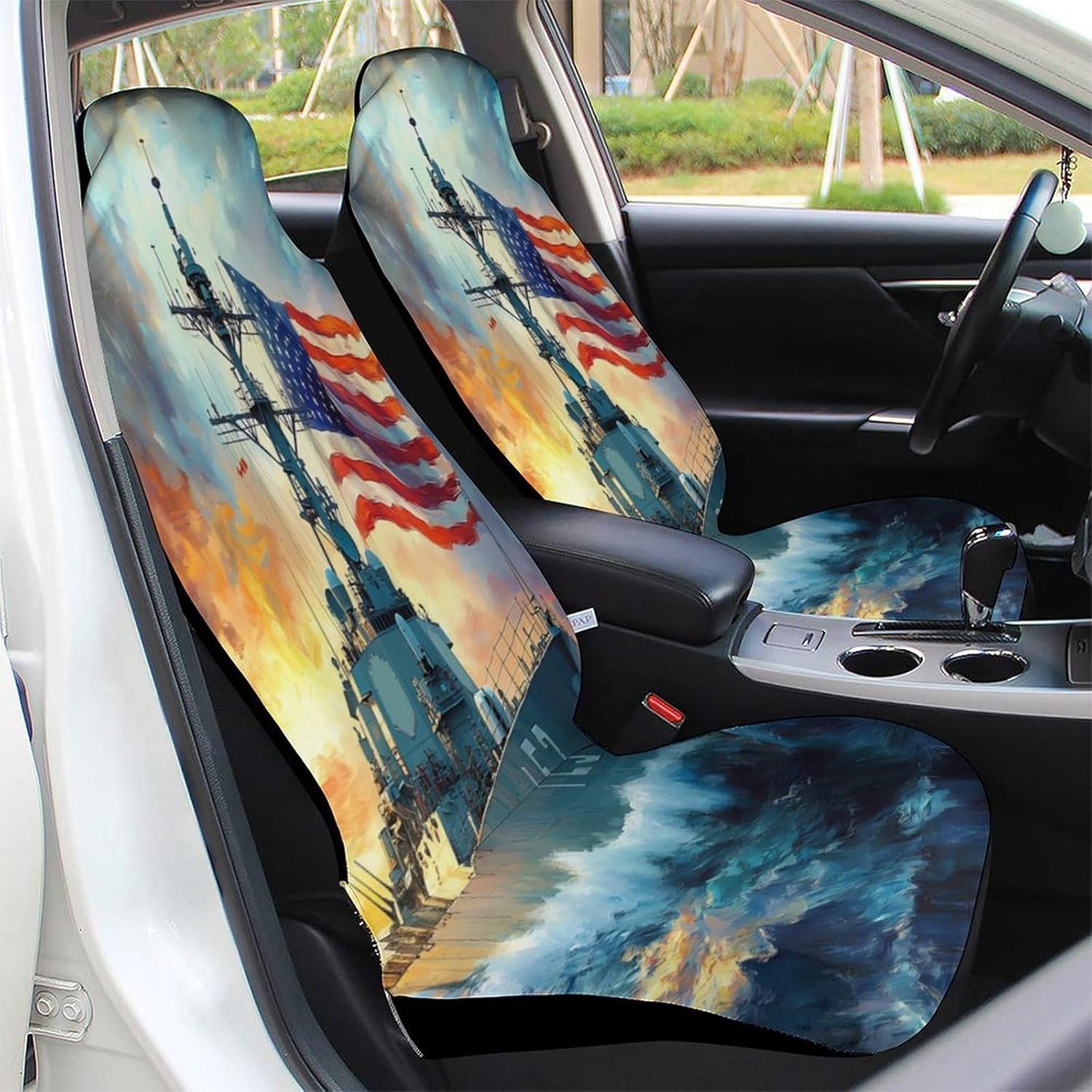 U.S Flag Warship Navy Battleship Car Seat Protector Print Car Seat Cover Front Seats Auto Interior Accessories