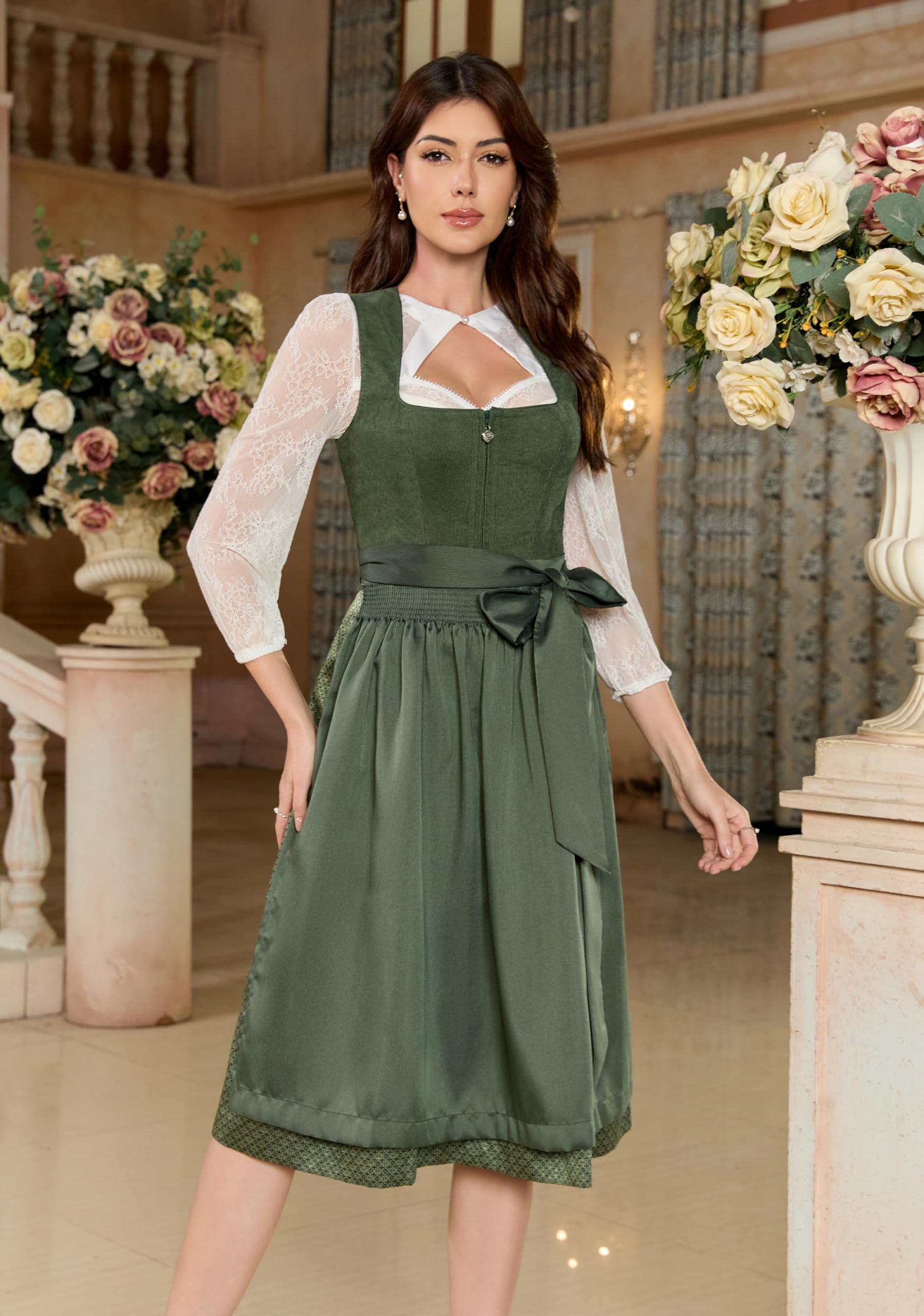 Dirndl Damen Cord Oktoberfest Trachtenkleid Midi Trachtenrock Rocklänge 70 cm Grün Gr.34-44