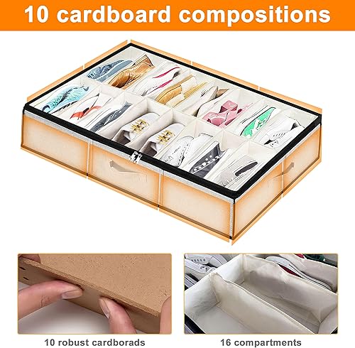 Miniatura 6 de homyfort Organizador de almacenamiento de zapatos debajo de la cama, paquete de 2 unidades para 32 pares, contenedor extra grande para zapatos,