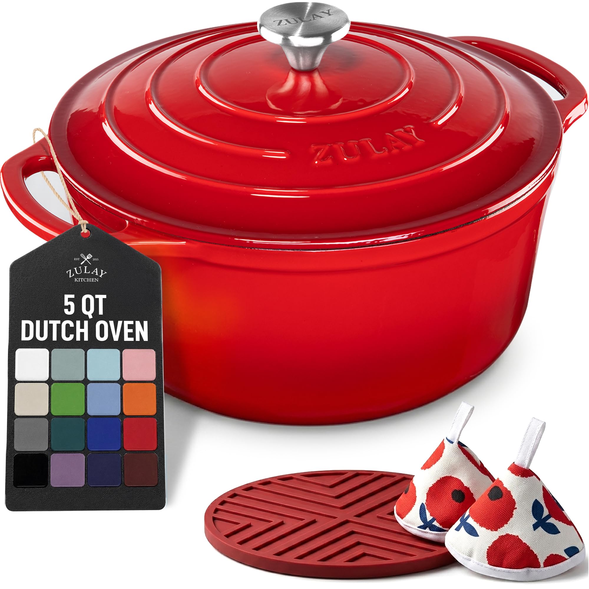 Zulay Kitchen 5 Quart Enameled Cast Iron Dutch Oven Pot with Lid – Premium Durability &amp; Oven Safe up to 500°F – Heavy Duty Cookware Perfect for Bread Baking, Stews, Braising &amp; Roasting – Ablaze Red