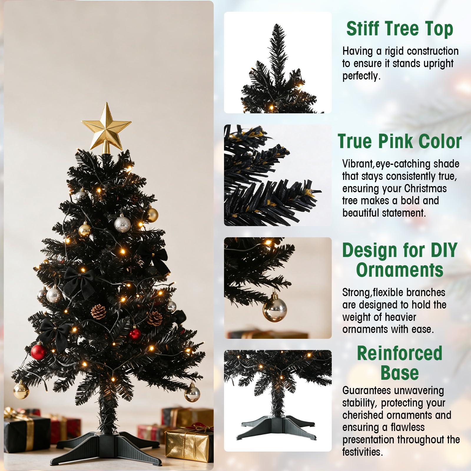 Sapin de Noël noir de 91 cm avec lumières – Petit sapin de Noël artificiel à charnière – Comprend une guirlande lumineuse de 50 LED, 160 branches denses et un support amovible – Sapin de Noël rose