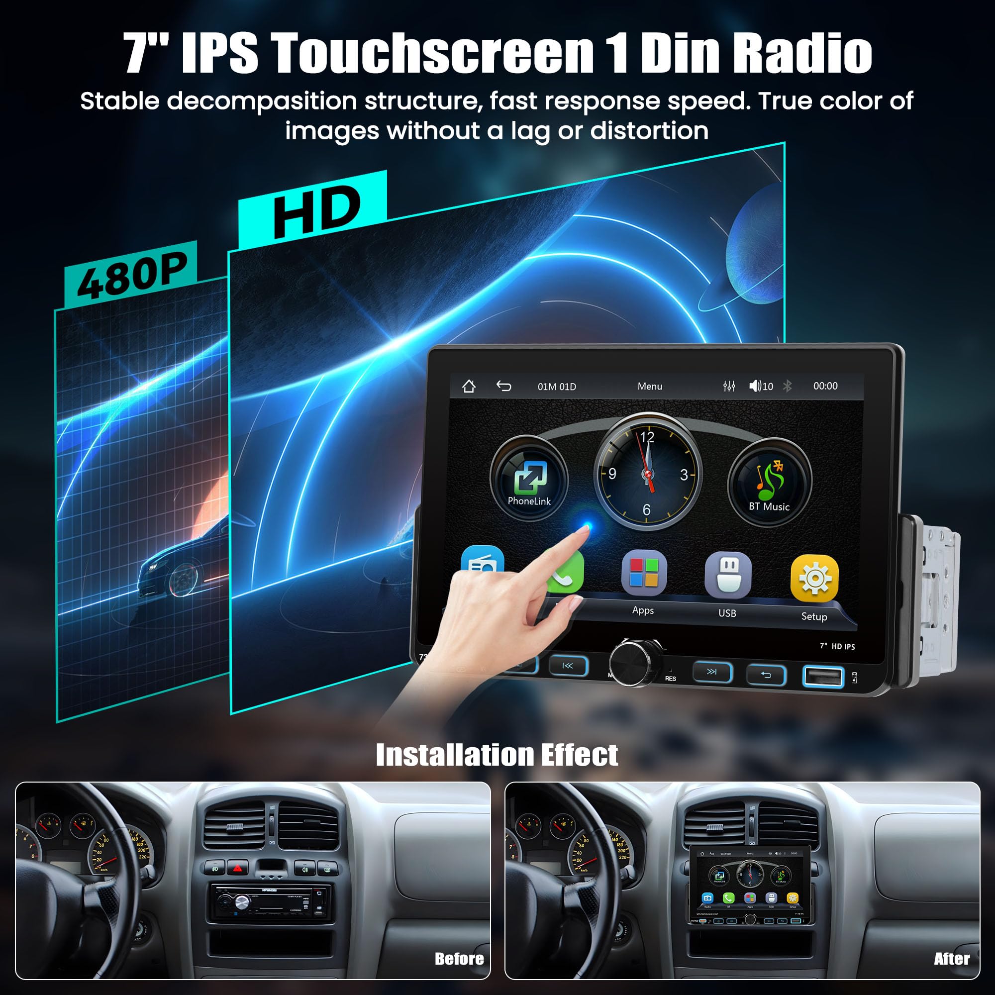 Wireless CARPLAY 1 DIN Autoradio avec Bluetooth Android Auto, 7'' IPS Ecran Tactile Car Play Voiture, 1 Din Bluetooth Radio avec Lien Miroir AM/FM/RDS MP5 USB SWC Rétroéclairage Couleur