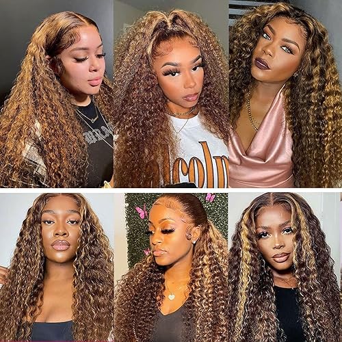 Miniatura 7 de Daules Peluca de encaje frontal transparente HD de 30 pulgadas con reflejos de 13 x 4, cabello humano húmedo y ondulado, color rubio miel ombré,
