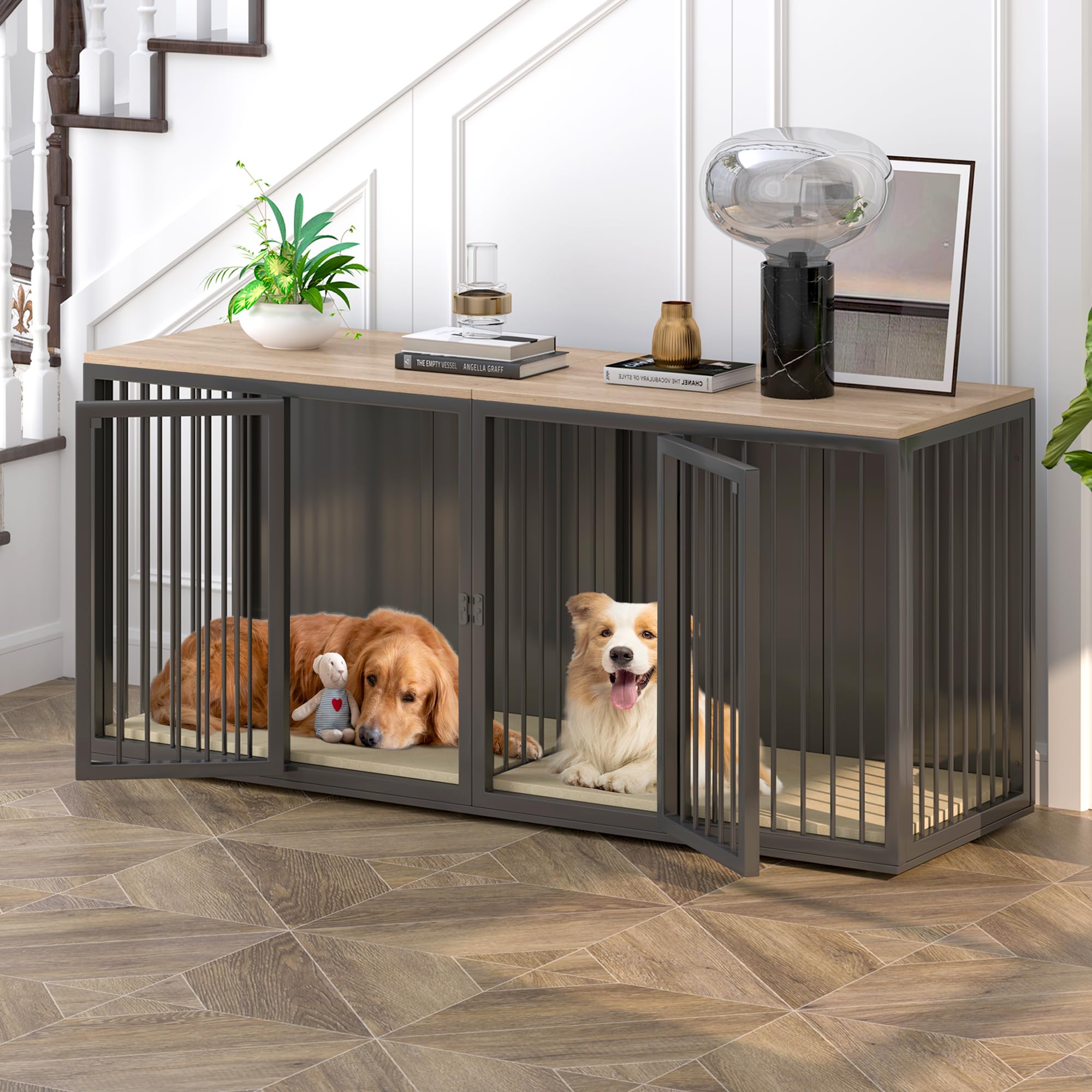 Large Dog Crate Furniture for Dogs, Steel Frame Dog Crate with  Double Doors, Heavy Sturdy Dog Kennel for Small Medium Large Dog, Indoor