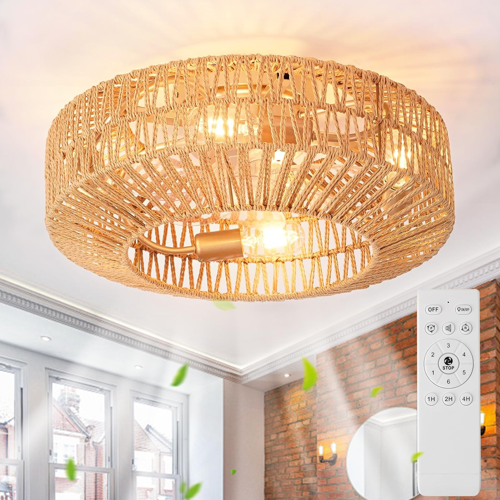 Deckenventilator Mit Beleuchtung Und Fernbedienung E27 Retro Hanfseil Deckenlampe Mit Ventilator Leise 6-Gang Reversibler Motor Lampe Mit Ventilator Für Wohnzimmer Schlafzimmer Esszimmer Licht,50cm