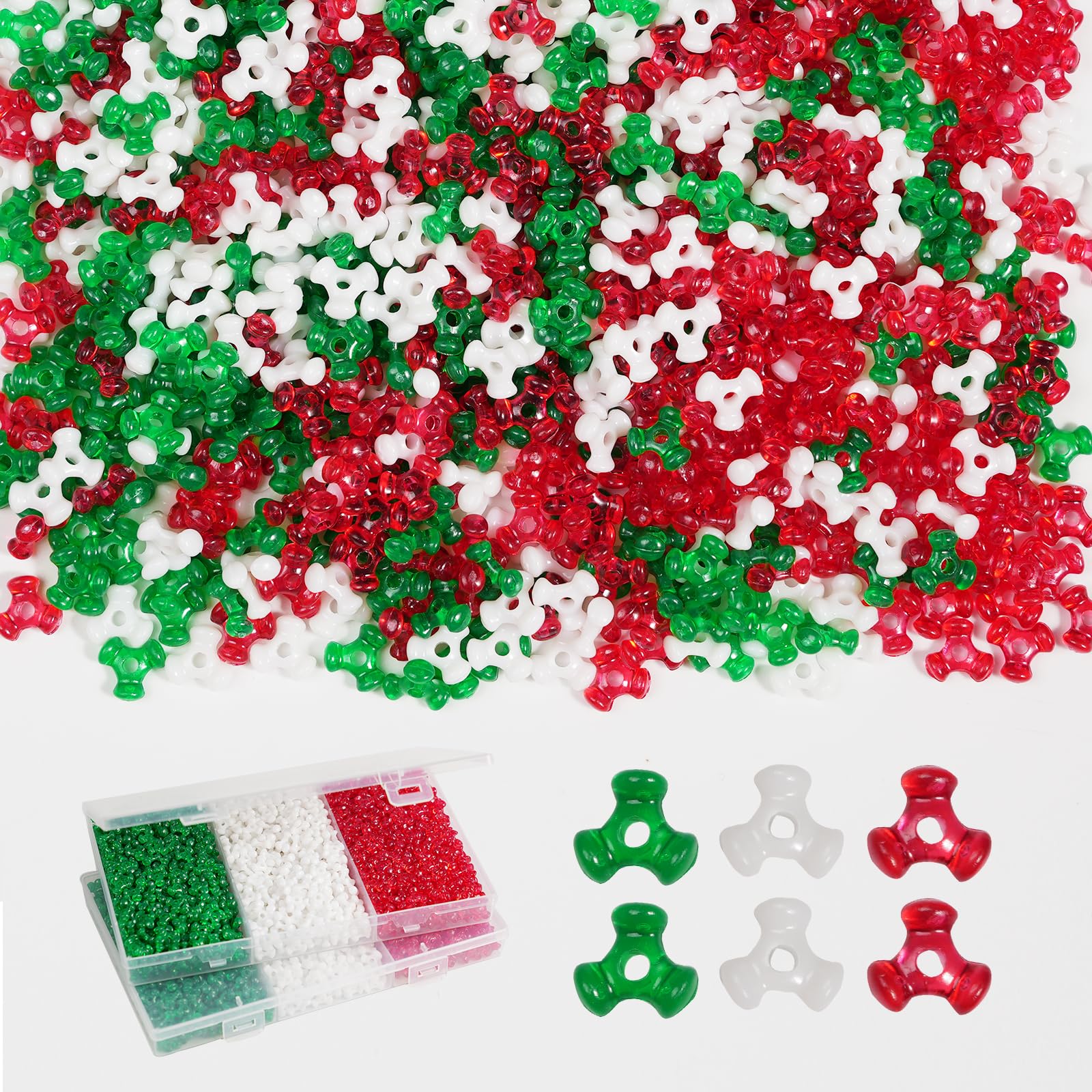 Cuentas triangulares rojas y verdes para crear coronas artesanales y adornar el árbol en familia