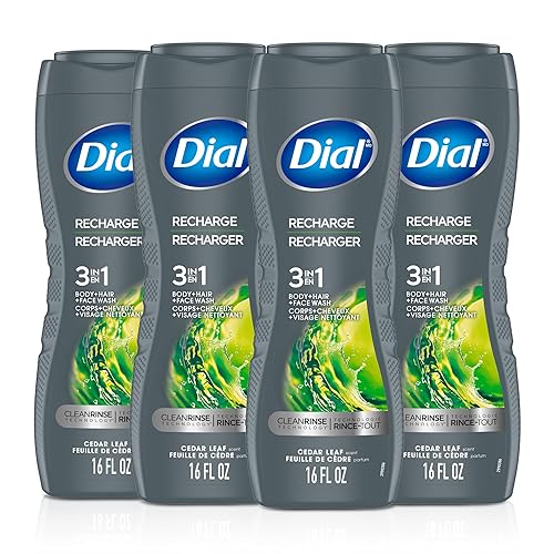 Dial Lavado 3 en 1 para cuerpo, cabello y cara para hombre, recarga, 16 onzas líquidas (paquete de 4), aroma de hoja de cedro, limpia profundamente