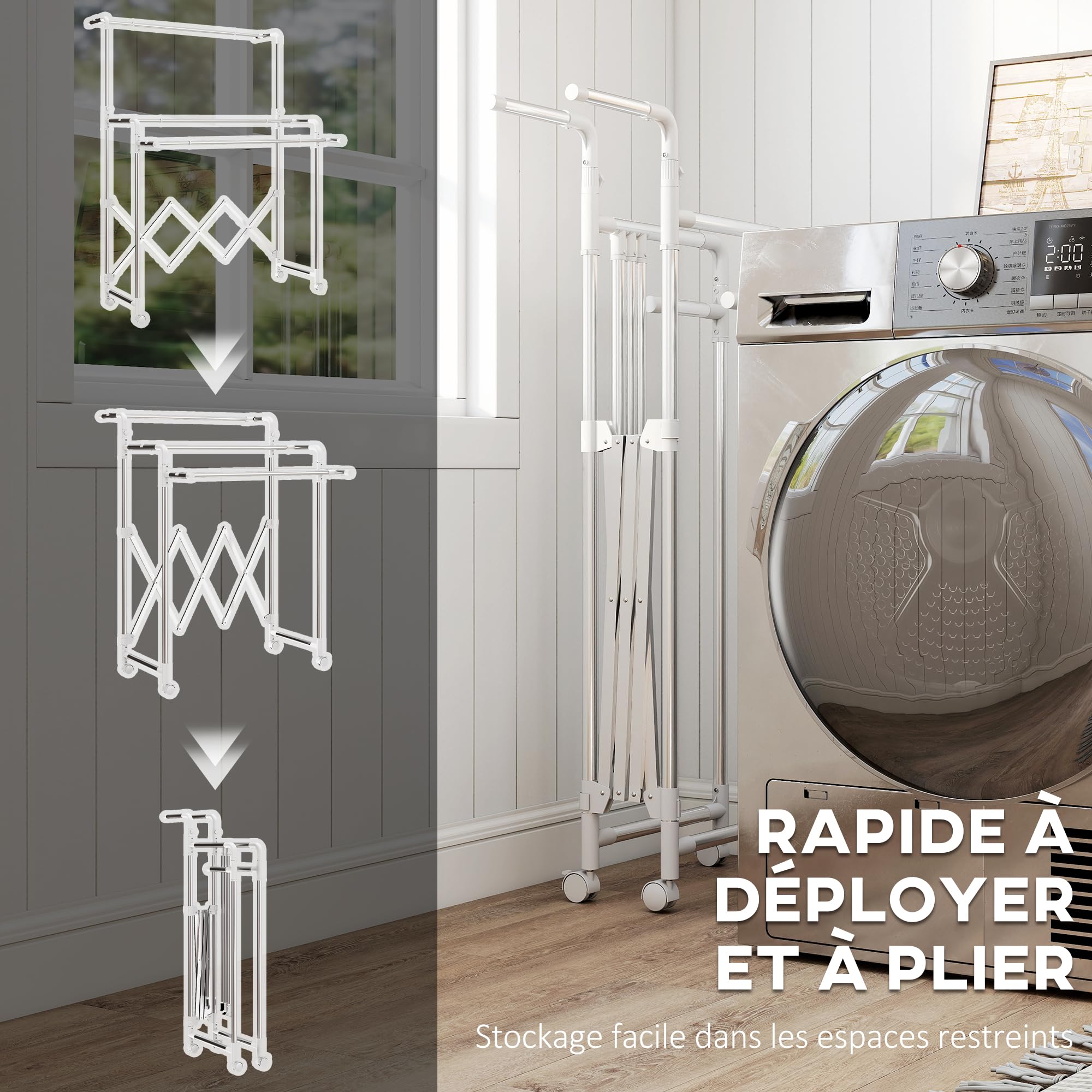 HOMCOM Séchoir à Linge Pliable 104-150 x 103 x 145-197 cm Argent