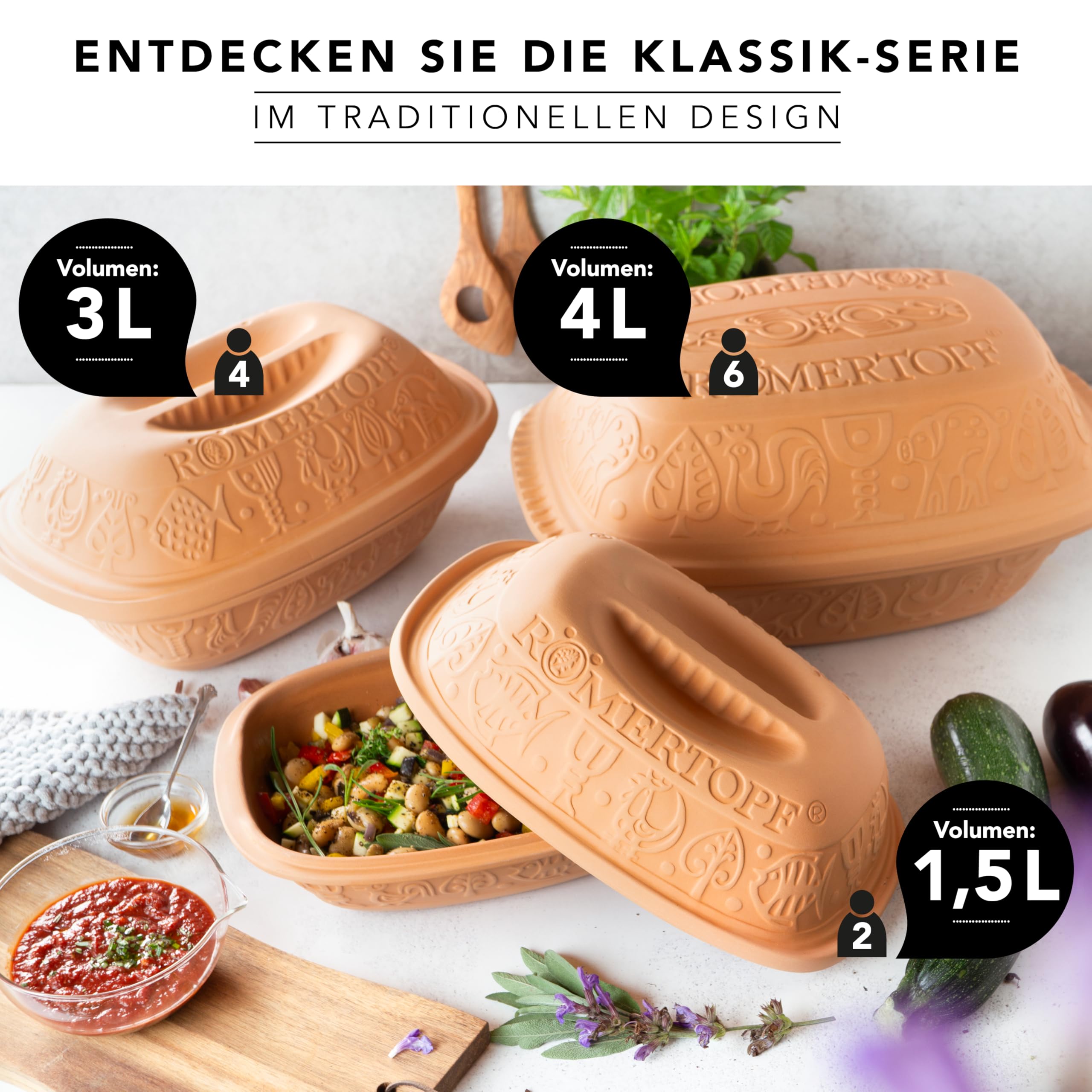 Römertopf Classic - Cacerola para 6 personas (4 litros, con tapa de cerámica, para guisar, asar y cocinar al vapor, apta para el horno