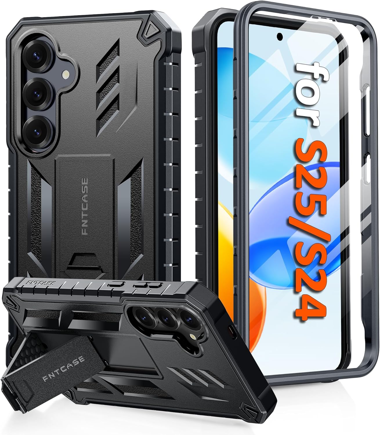 FNTCASE for Samsung Galaxy S25 Case: for Samsung Galaxy S24 Case Military Grade Drop Proof Protection Mobile Cover with Kickstand | Matte Rugged Shockproof Protective Sturdy Phone Case - Black