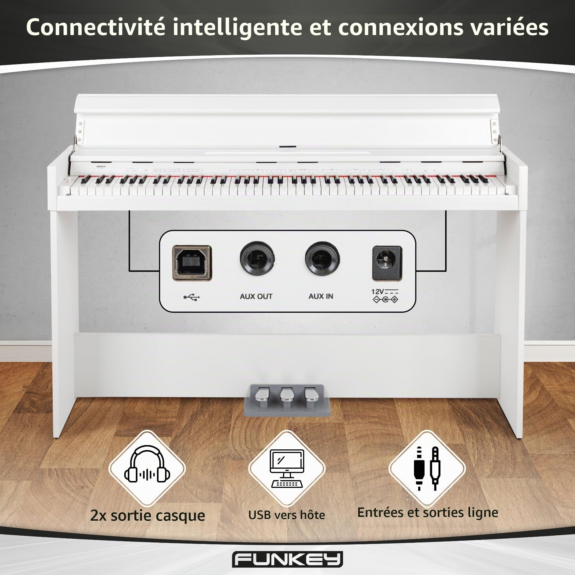 FunKey DP-1088 WM Piano numérique élégant - 88 touches de clavier sensibles à la vélocité et 3 pédales - 20 sons - Haut-parleurs stéréo intégrés et 2 prises pour casque - Blanc mat