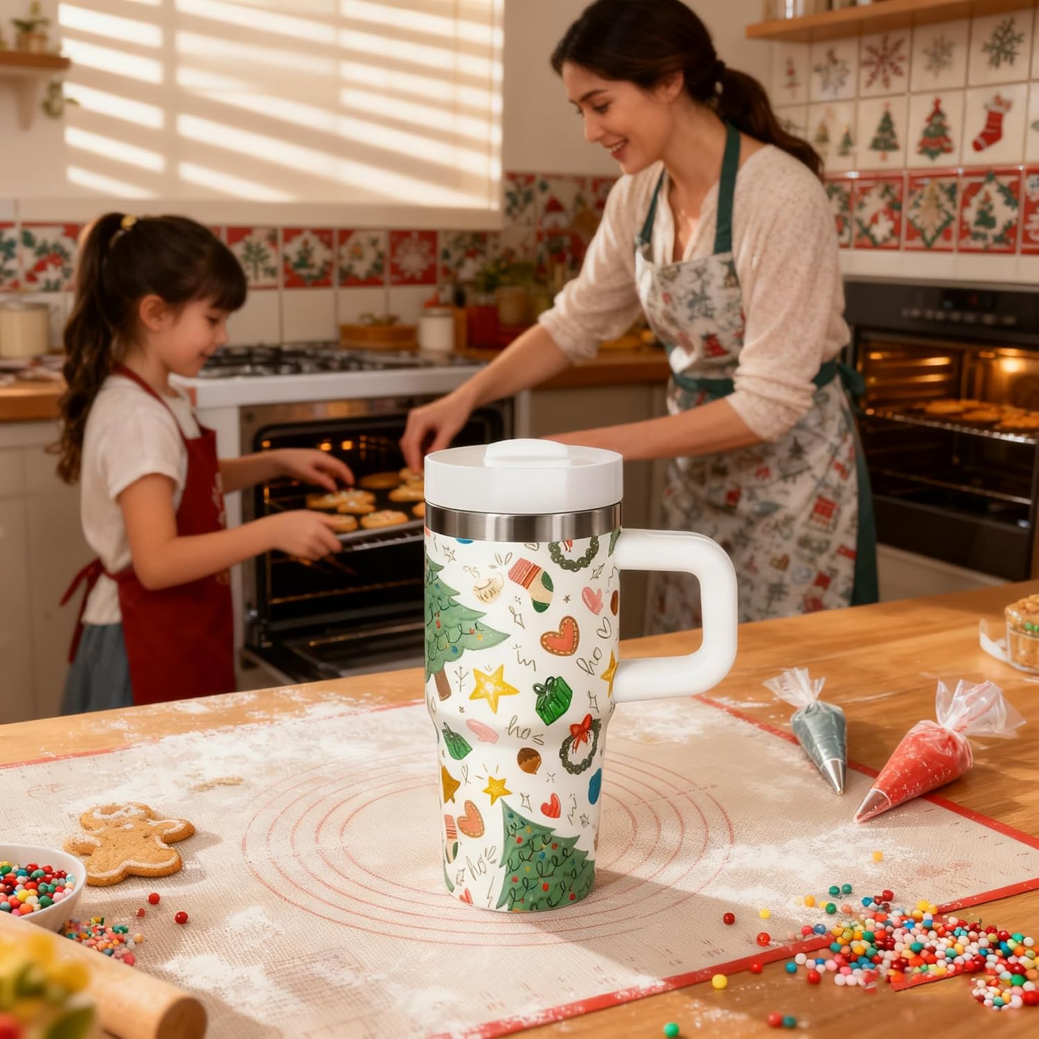 14oz/410ml Christmas Tumbler with Llid, Tumbler with Handle and Straw for gifts insulated cup - Christmas treeA - Image 5