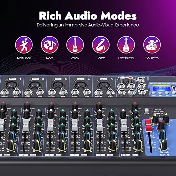 Bluetooth Portable Audio Mixer 7-Channel Professional Stereo Mixer Digital USB Computer Jack 3-Band Equalizer 6 Music Modes 48V Phantom Power Stereo DJ Mixer LCD Display For DJ,Recording,Stage